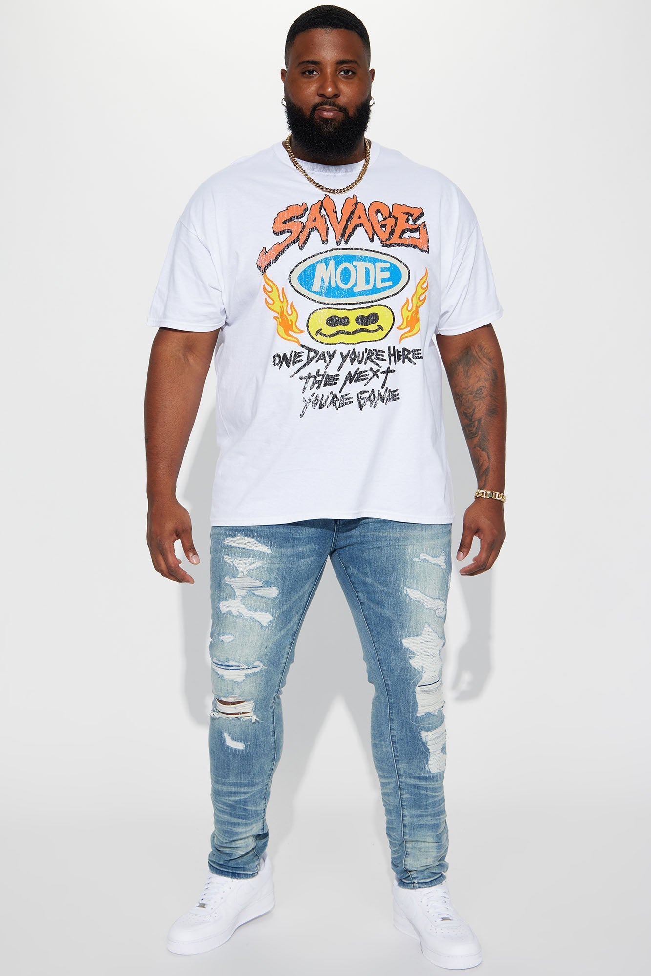 Fame Frenzy: Light Wash Paint-Spotted Stacked Skinny Jeans