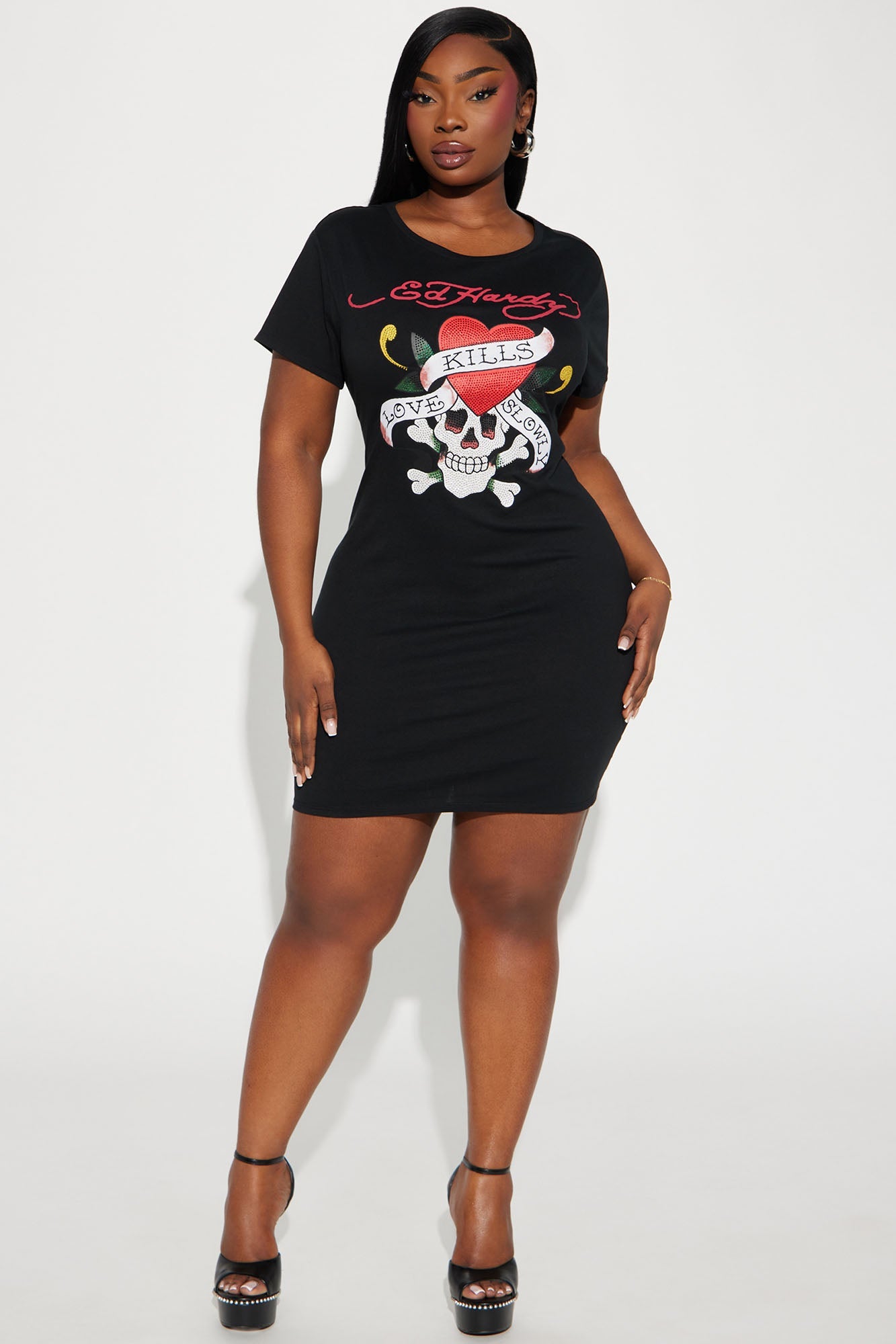 Edgy Glam: Rhinestone Skull Mini Dress in Black