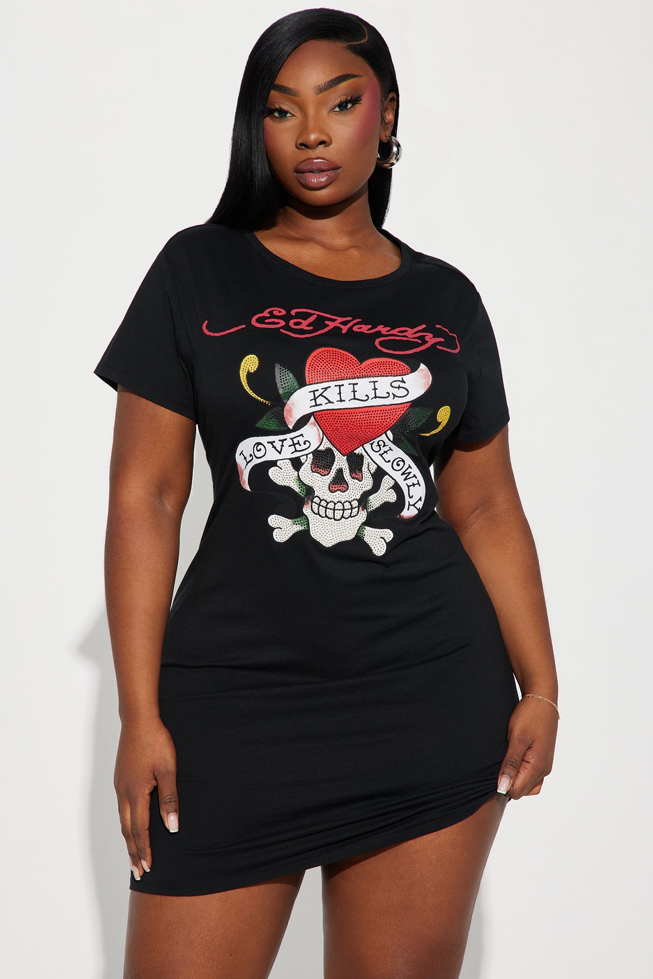 Edgy Glam: Rhinestone Skull Mini Dress in Black