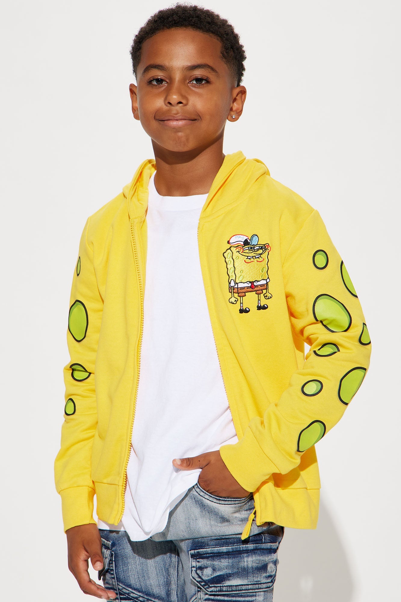 Gold Mini Spongebob Cosplay Zip-Up Embroidered Fleece Hoodie