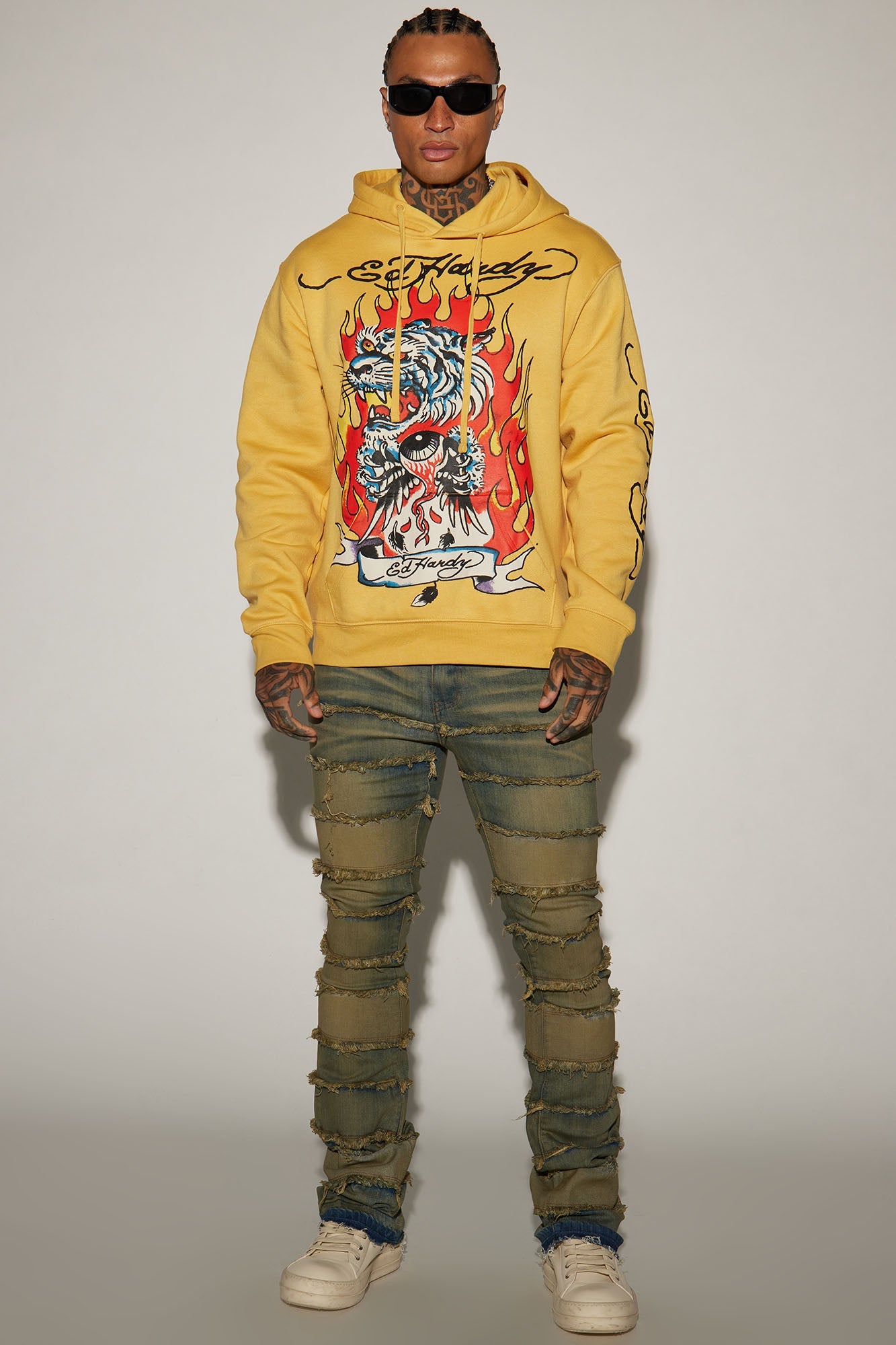 Trendy and Fierce: Ed Hardy Fire Tiger Hoodie in Yellow