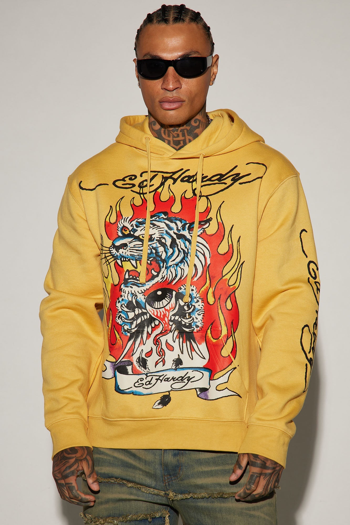 Trendy and Fierce: Ed Hardy Fire Tiger Hoodie in Yellow
