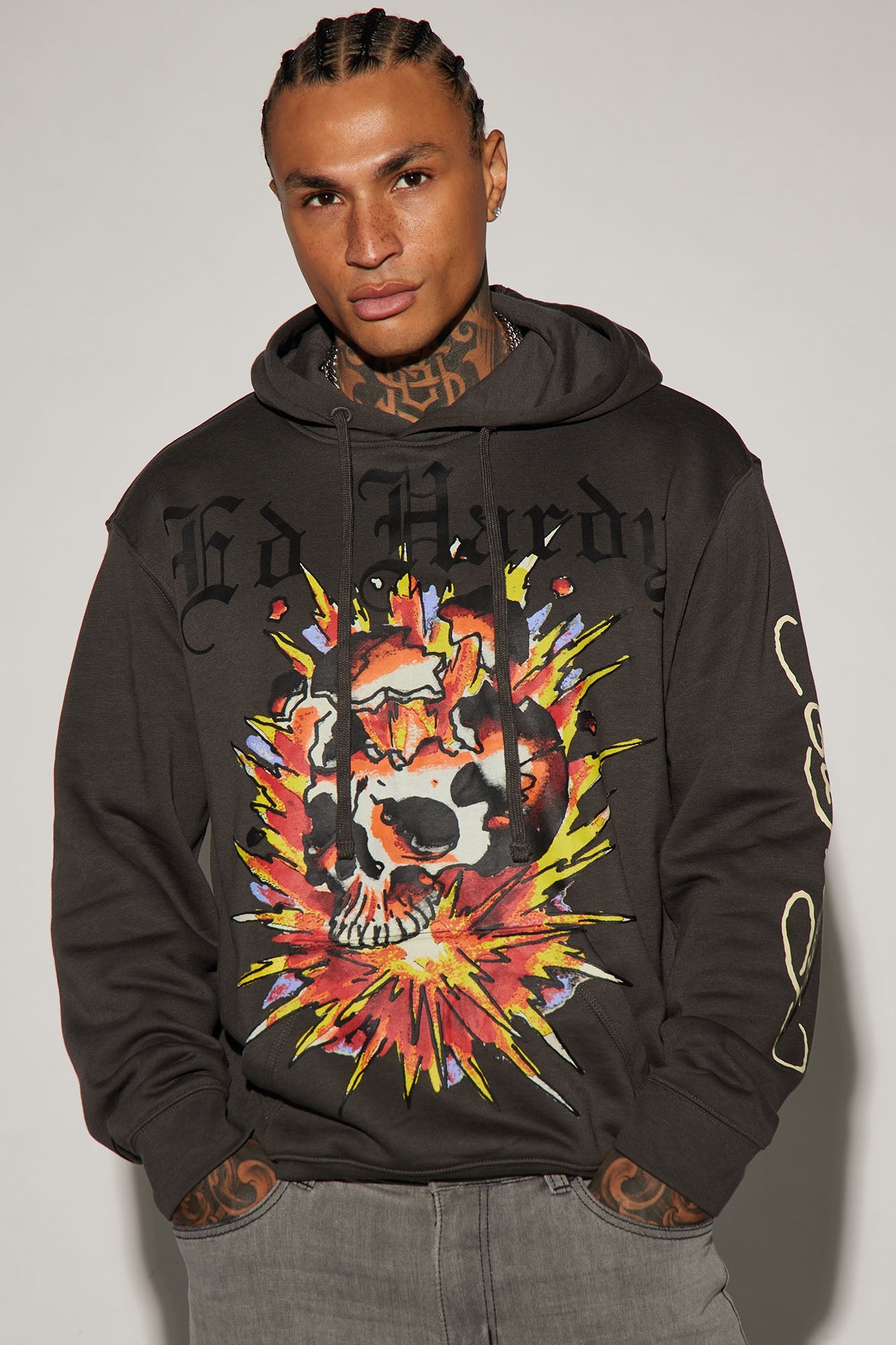 Ed Hardy Exploding Skull Hoodie in Charcoal – Rocker Chic Style