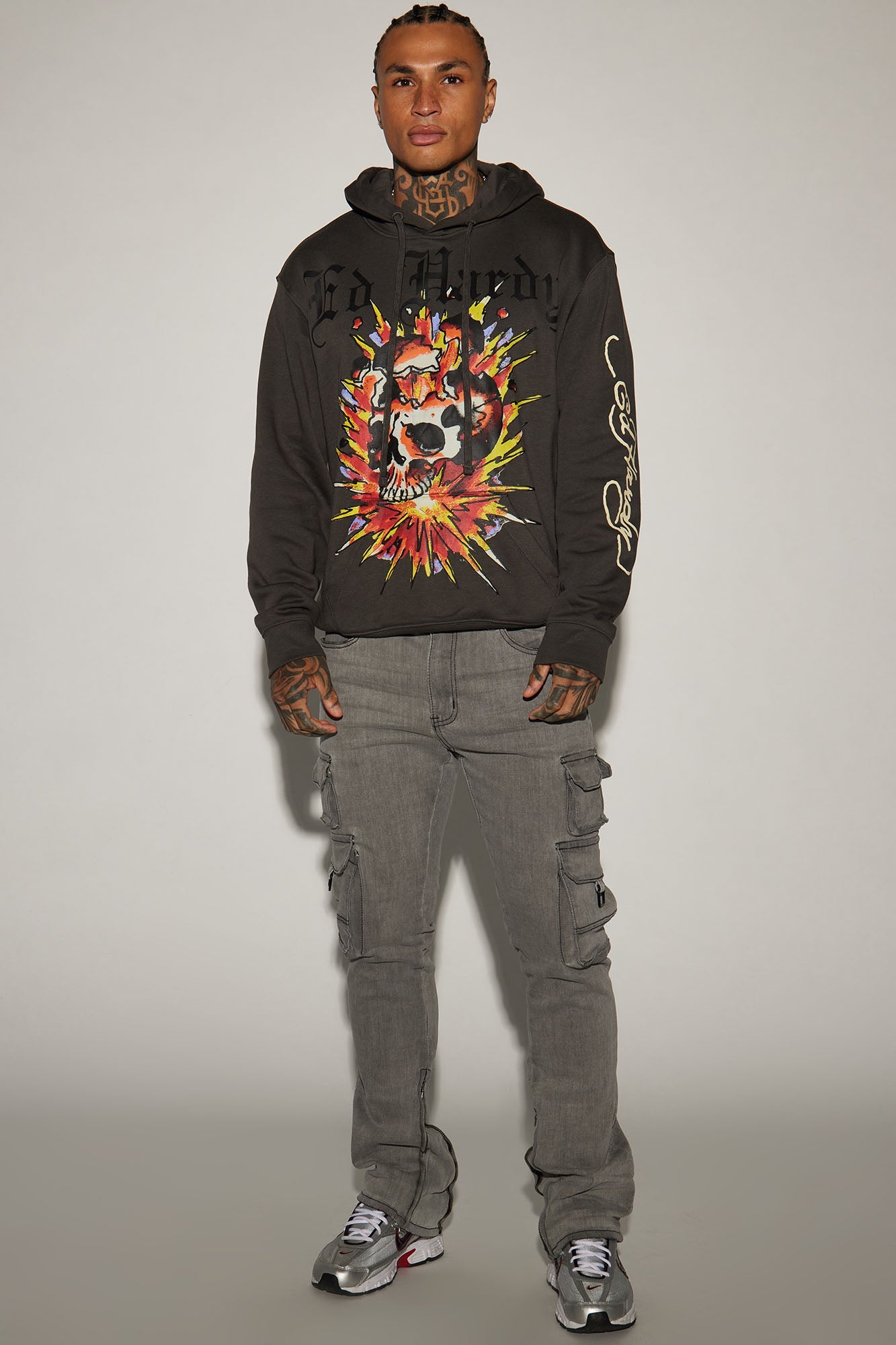 Ed Hardy Exploding Skull Hoodie in Charcoal – Rocker Chic Style
