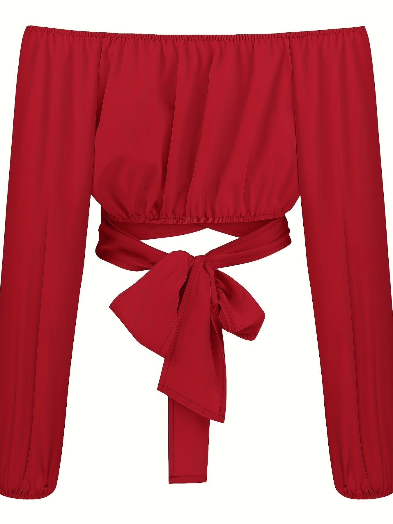 Solid Cross Tie Back Crop Blouse: Casual Off Shoulder Long Sleeve