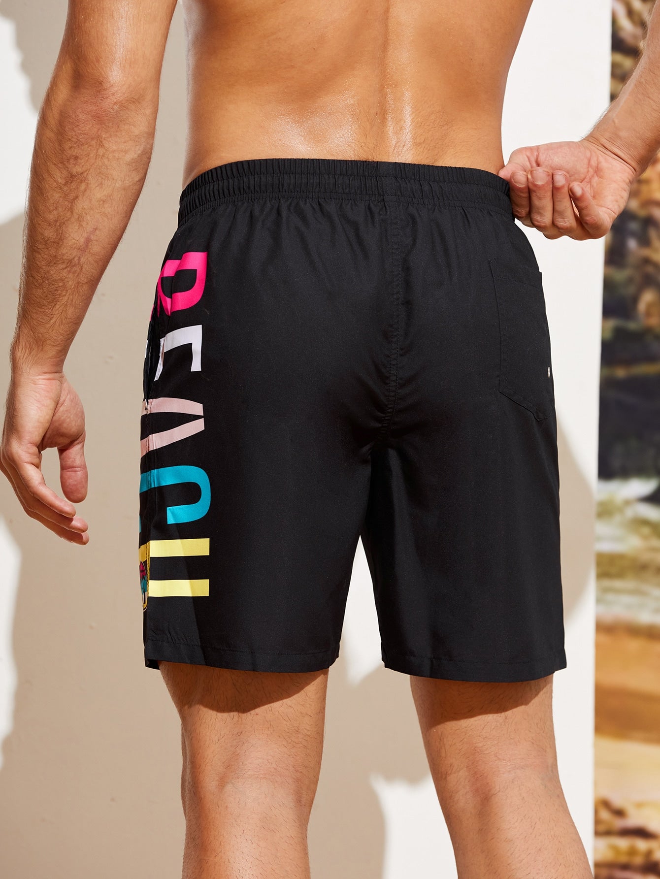 Men's Palm Letter Drawstring Swim Trunks