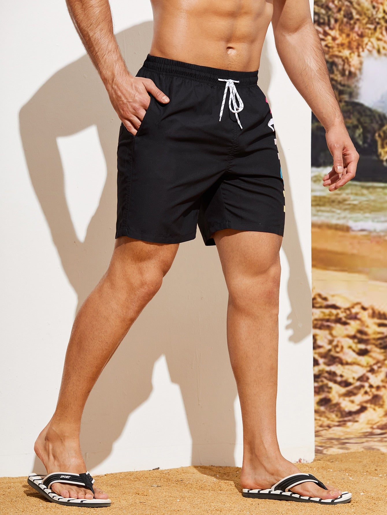 Men's Palm Letter Drawstring Swim Trunks