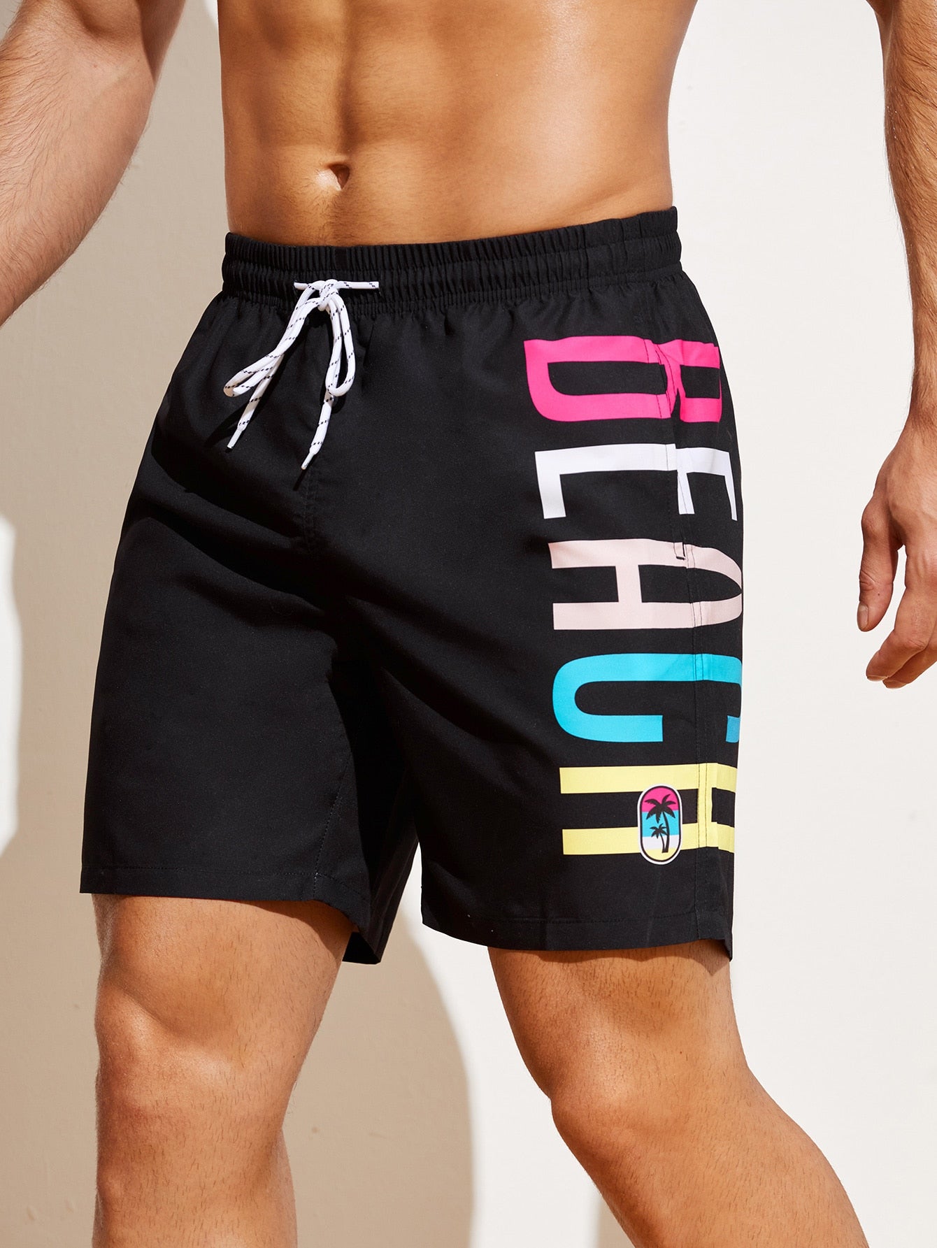 Men's Palm Letter Drawstring Swim Trunks