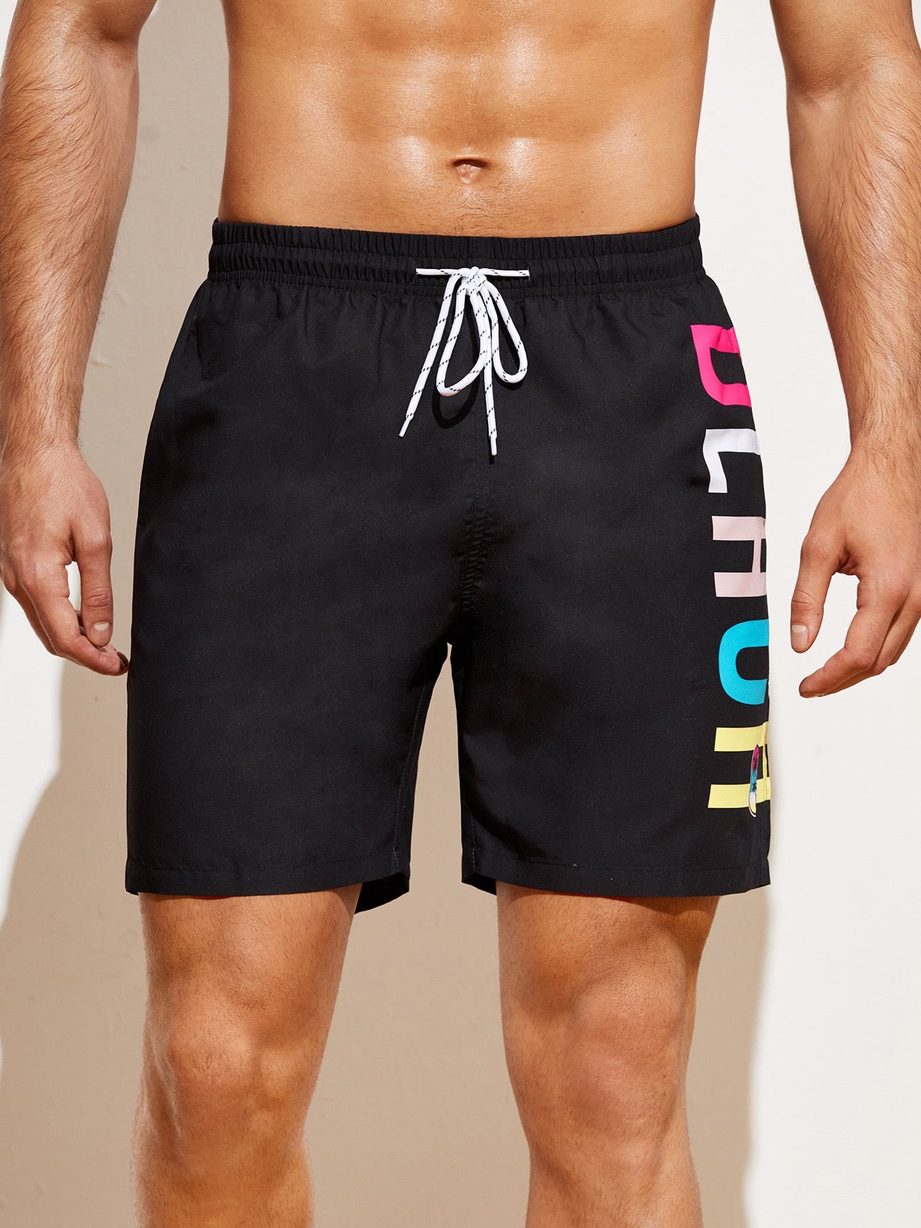 Men's Palm Letter Drawstring Swim Trunks