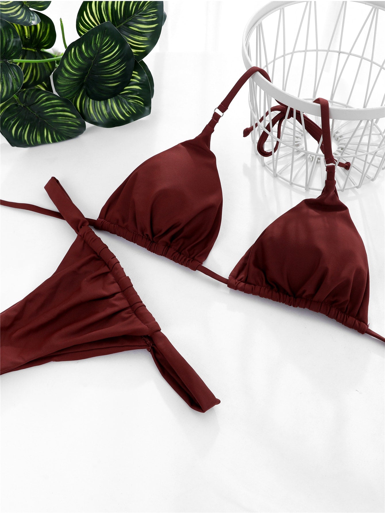 Solid Color Halter Top Triangle Cup Swimsuit