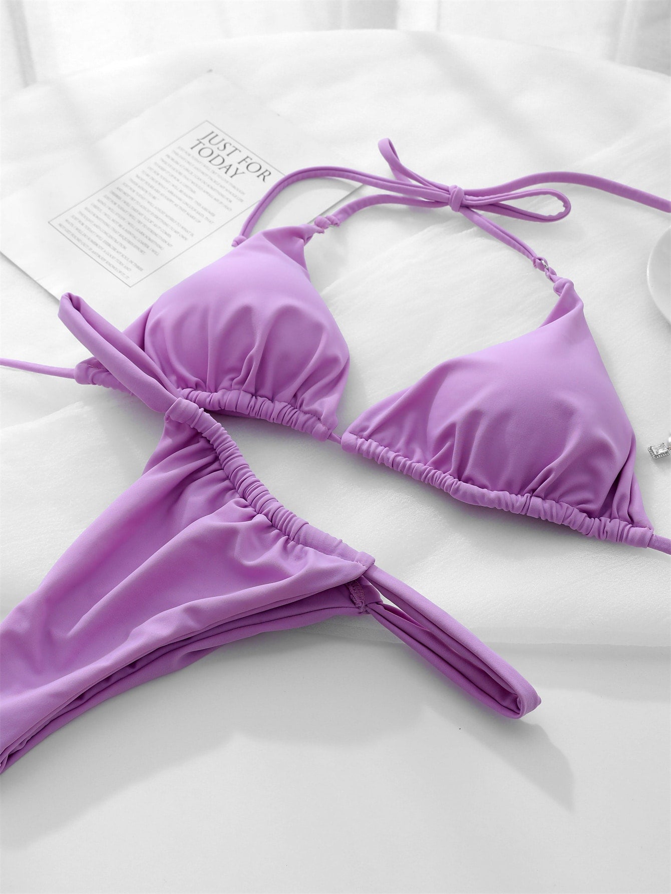 Solid Color Halter Top Triangle Cup Swimsuit