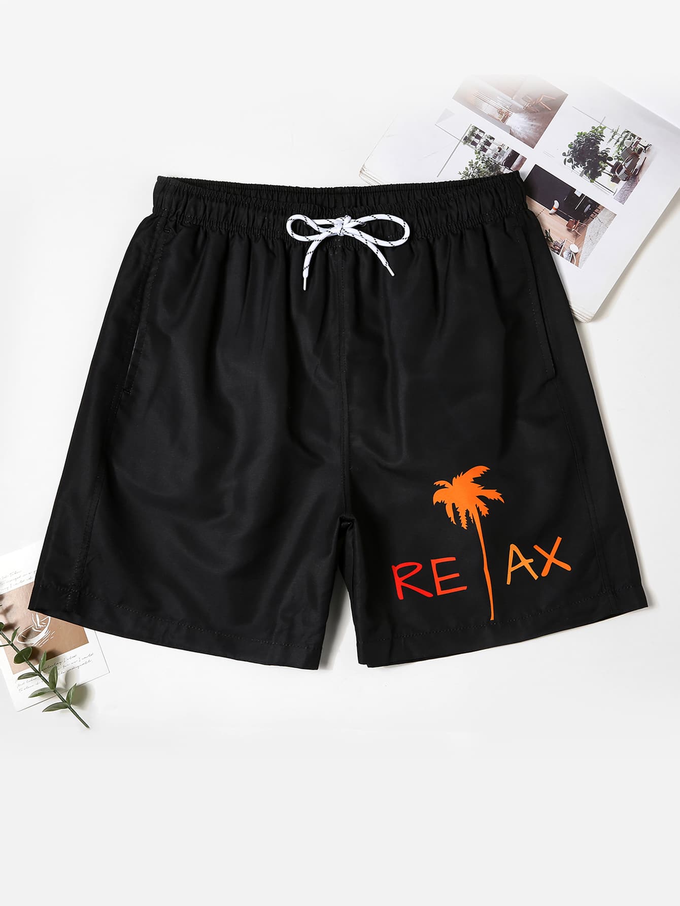 Men's Coconut Tree & Letter Drawstring Swim Shorts