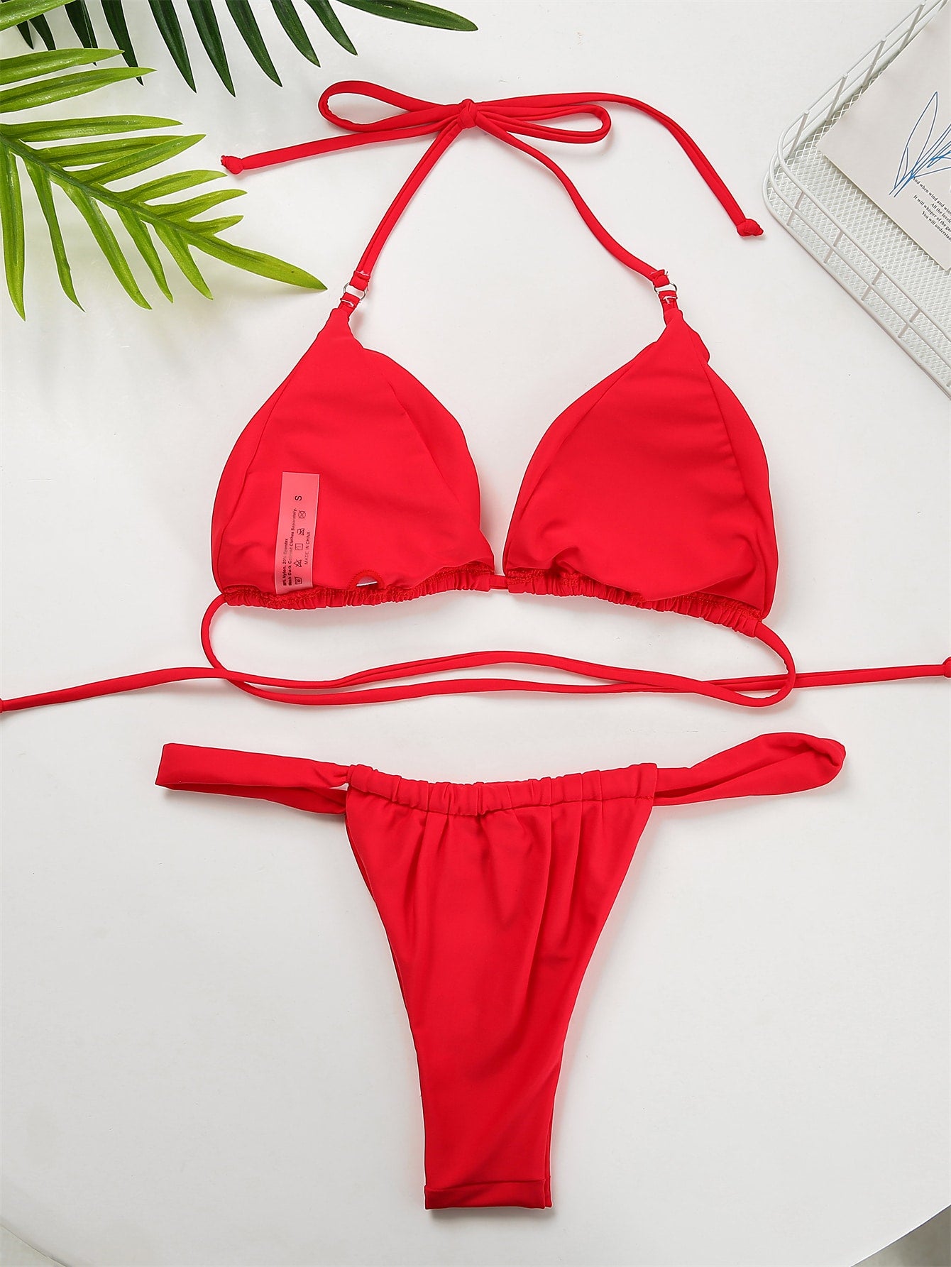 Solid Color Halter Top Triangle Cup Swimsuit