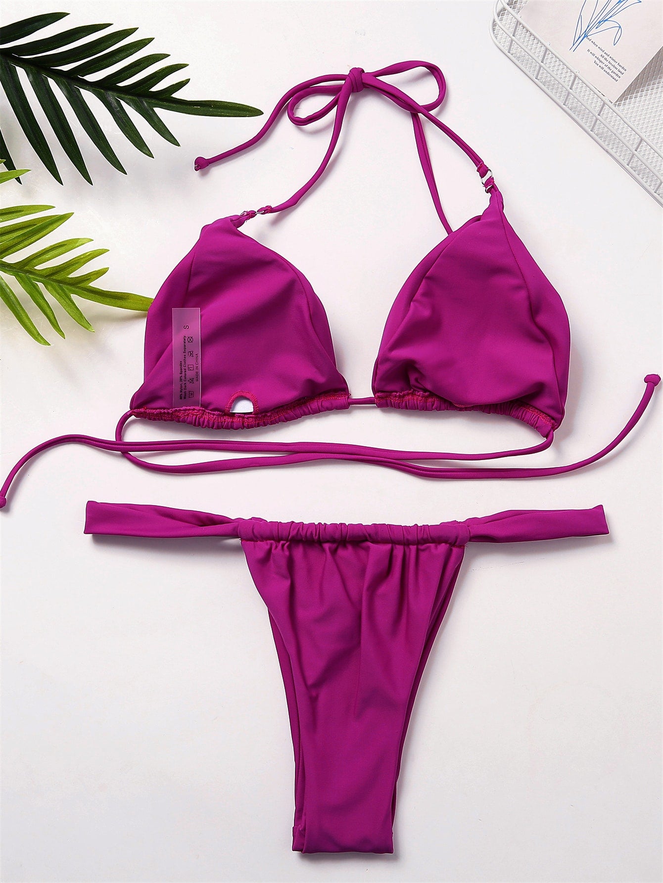 Solid Color Halter Top Triangle Cup Swimsuit