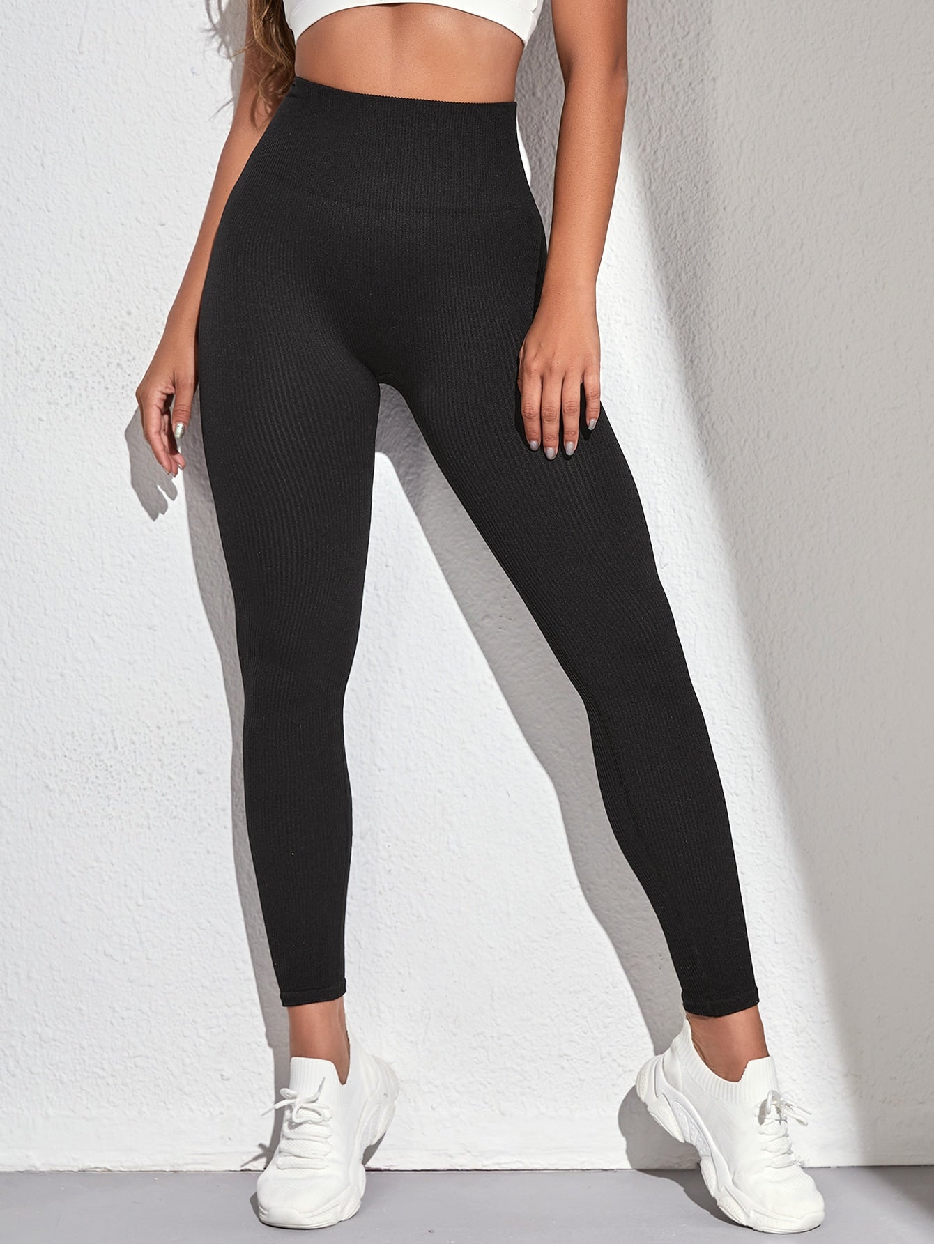 Yoga Leggings Seamless Rib Knit Tummy Control Training Tights With Wide Waistband Workout Leggings Spandex