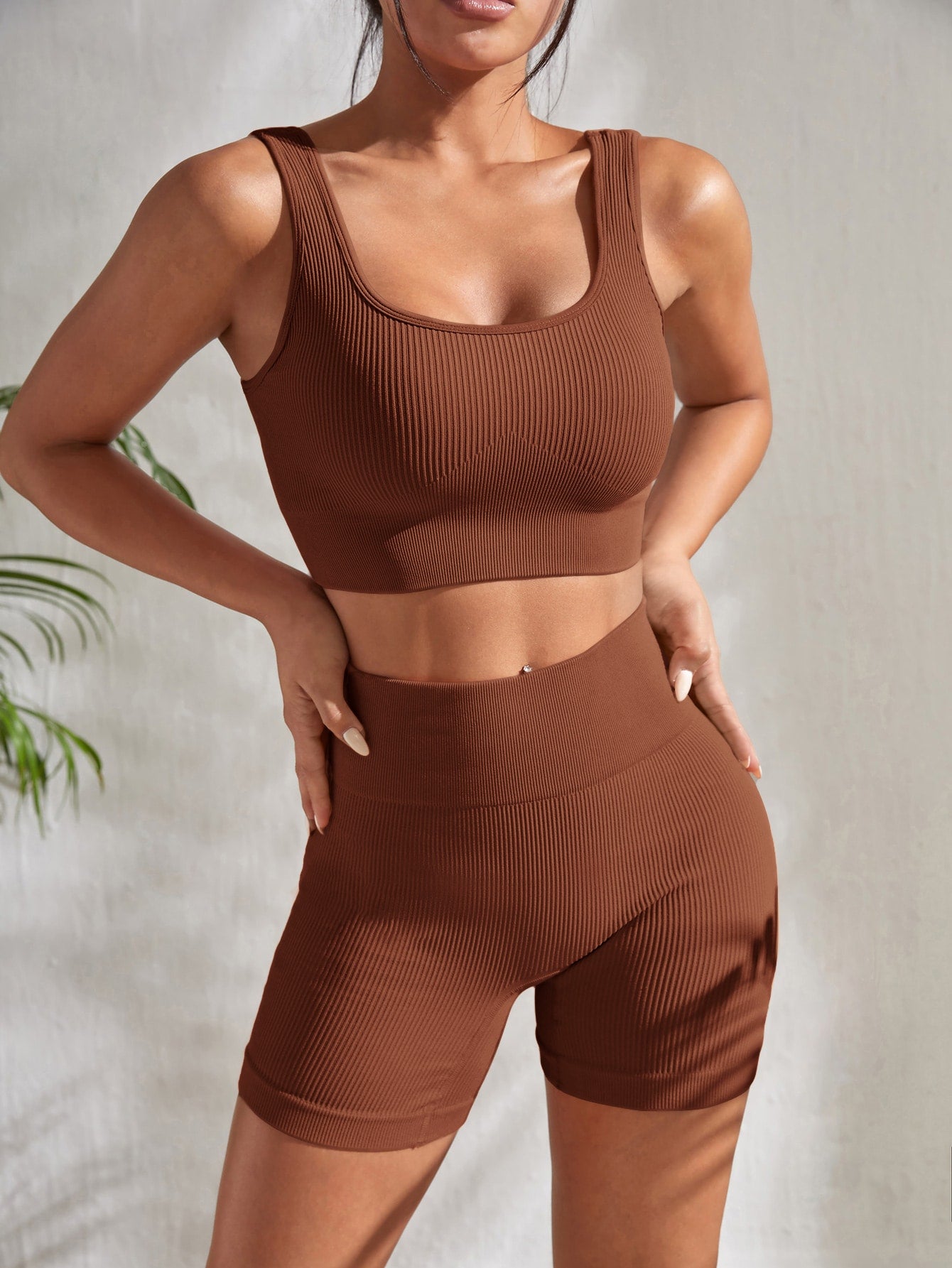 Women's Simple Color Seamless Sports Vest And Shorts Set