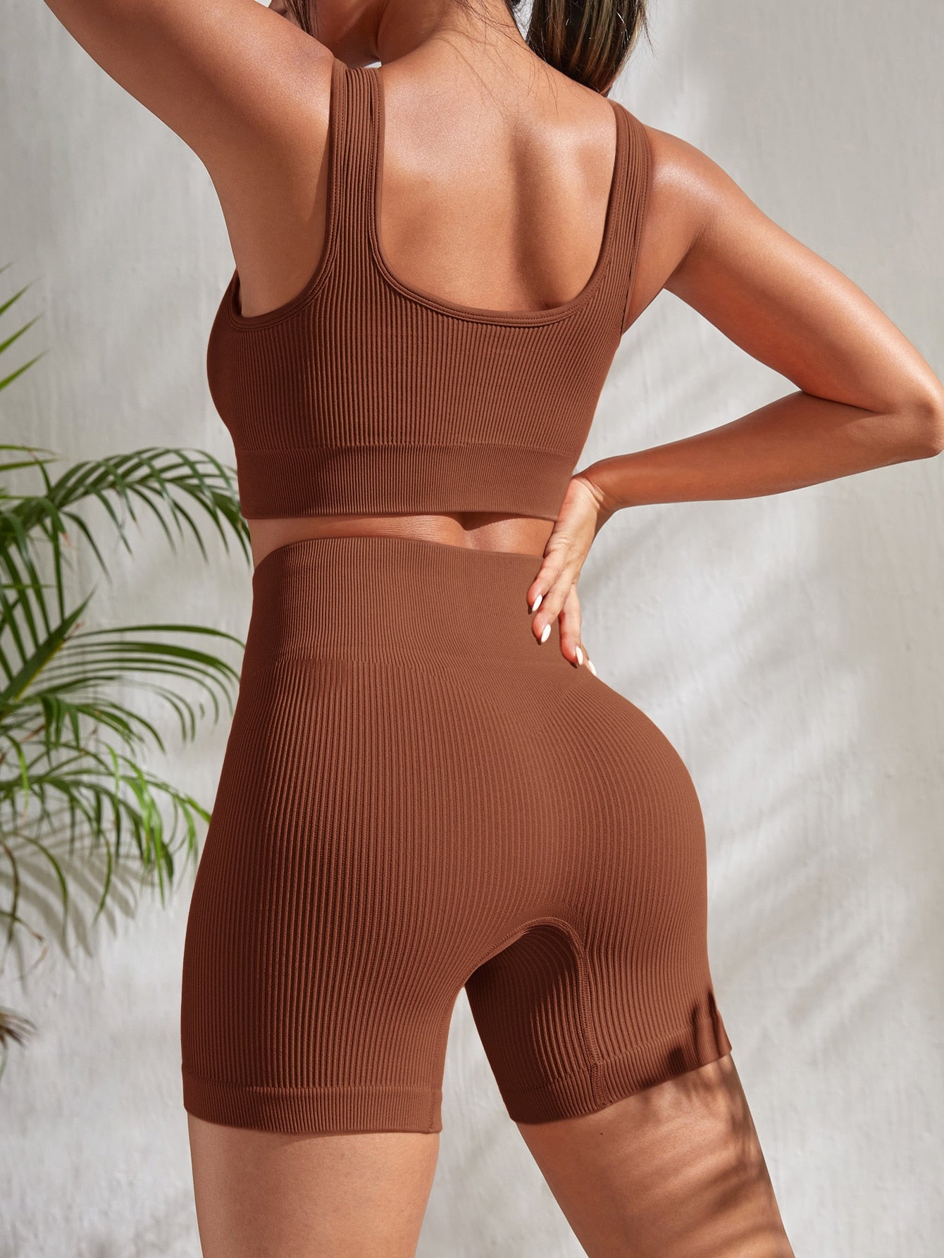 Women's Simple Color Seamless Sports Vest And Shorts Set