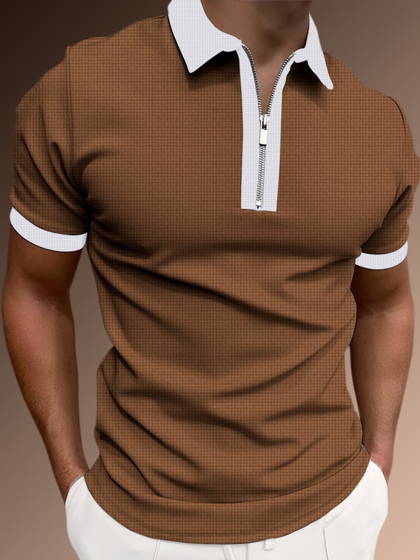 Men's Two Tone Zip Polo Shirt.
