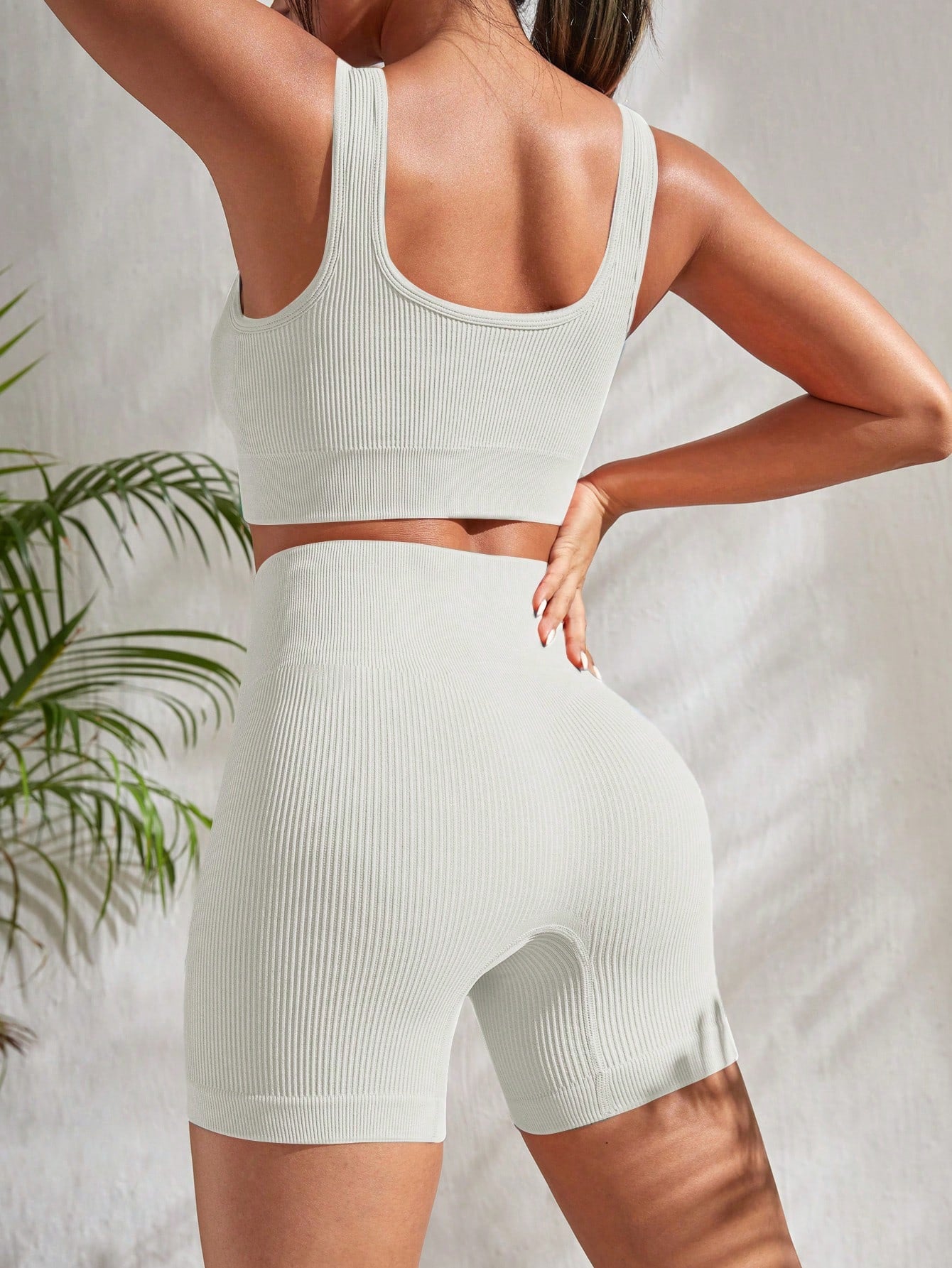 Women's Simple Color Seamless Sports Vest And Shorts Set