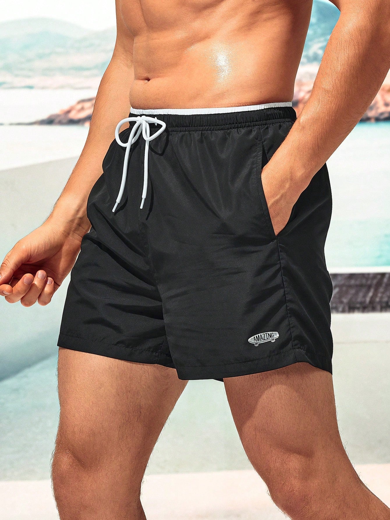 Men's Letter Drawstring Waist Swim Trunks