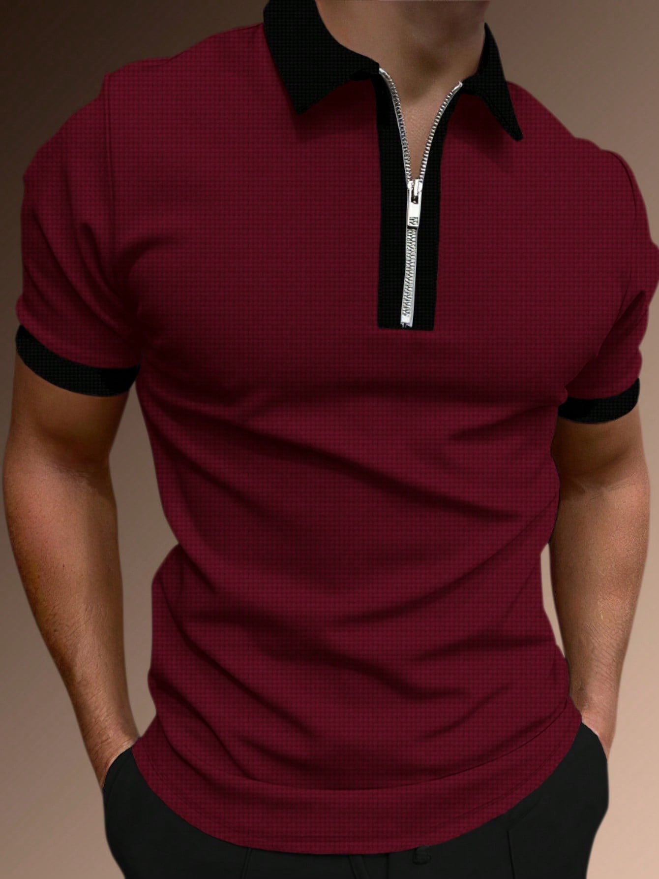 Men's Two Tone Zip Up Polo Shirt.