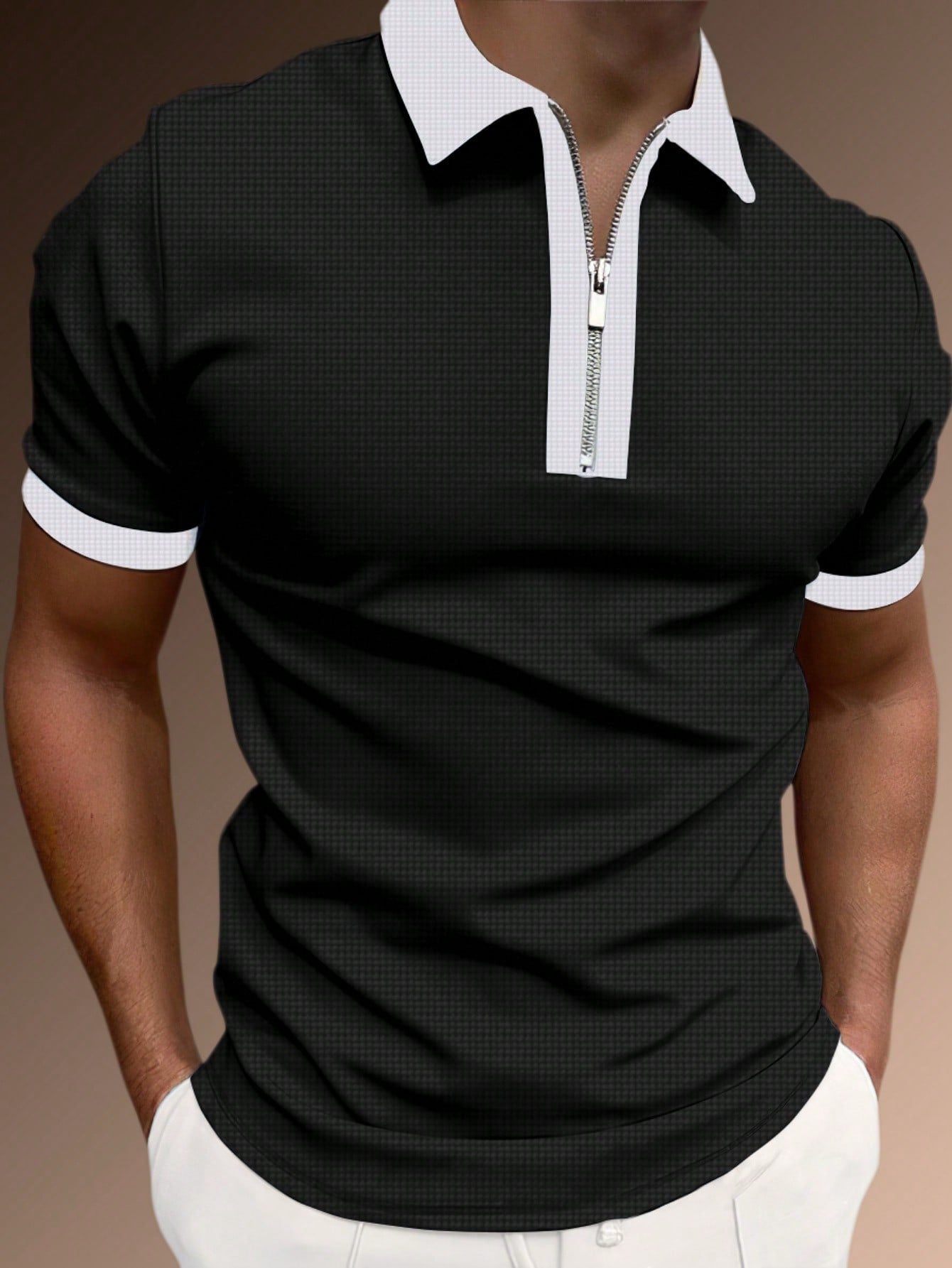 Men's Two Tone Zip Polo Shirt.