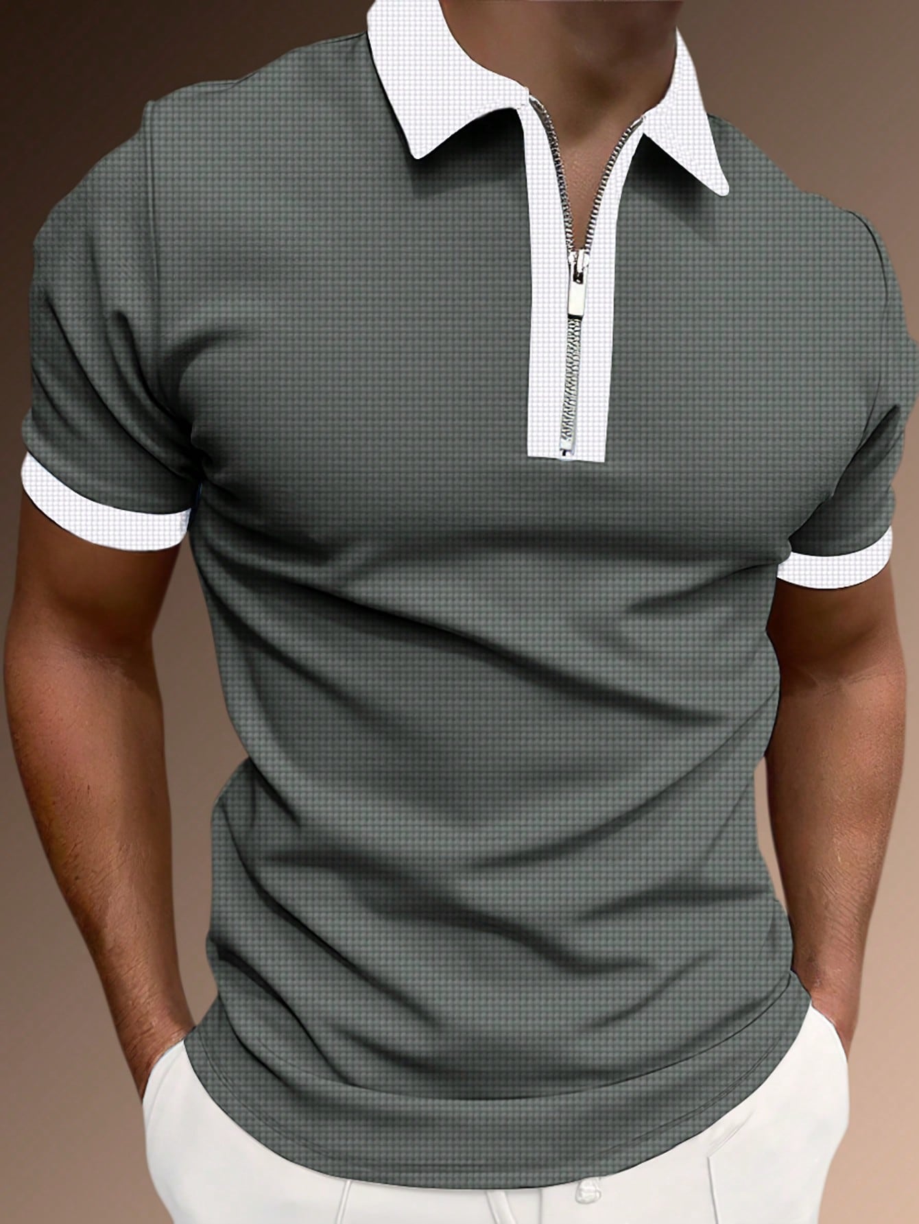 Men's Two Tone Zip Polo Shirt.