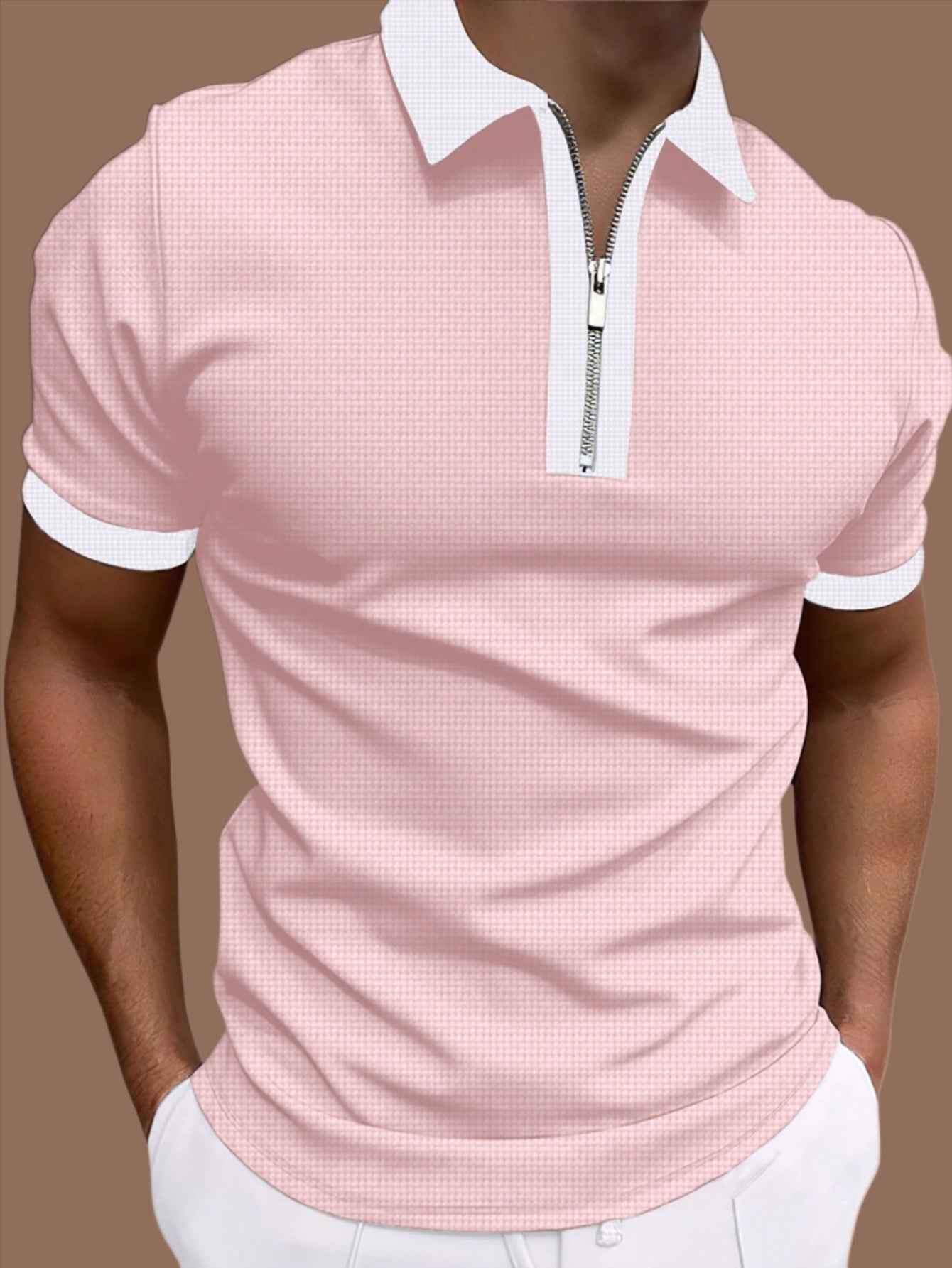 Men's Two Tone Zip Polo Shirt.