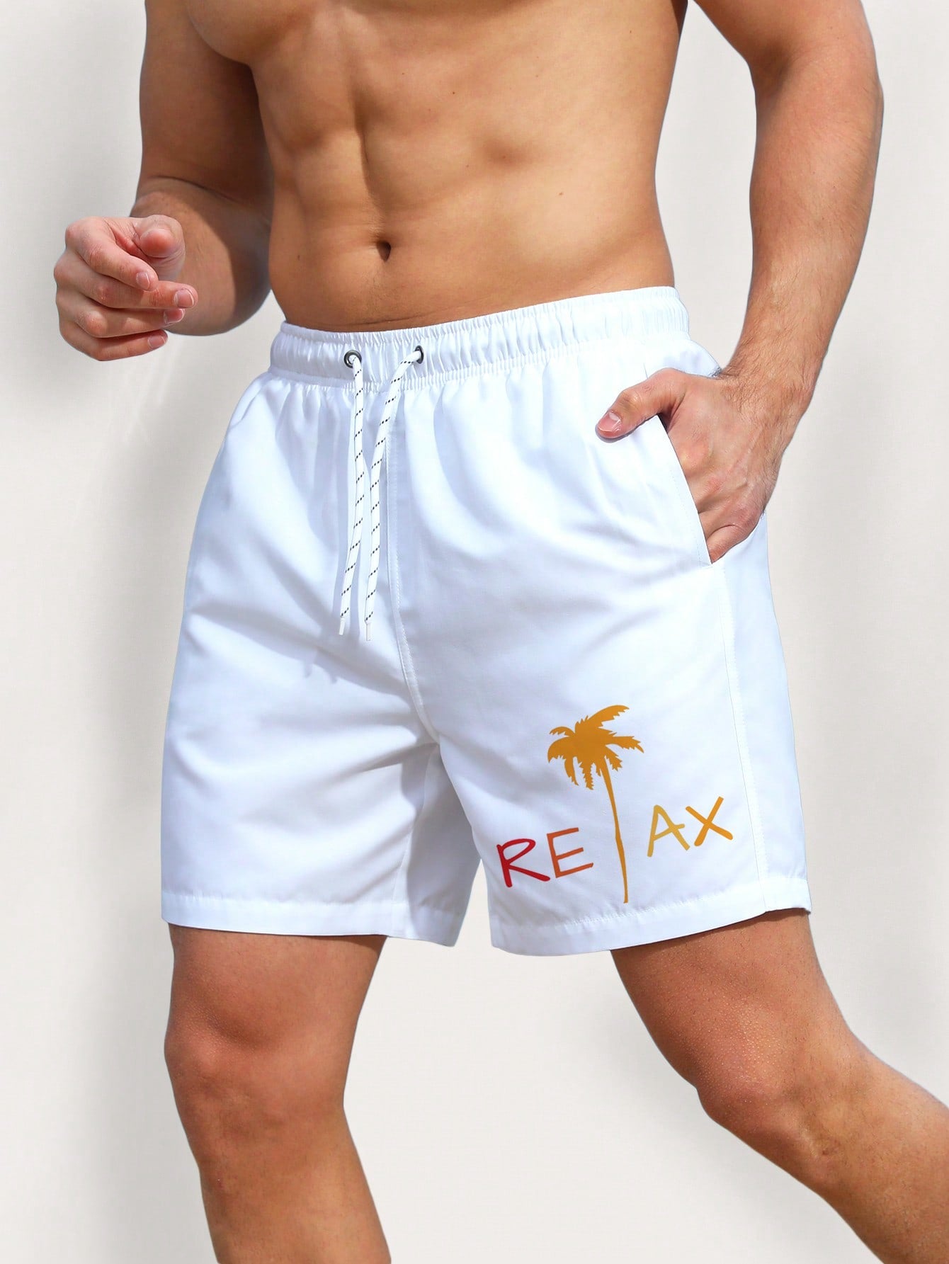 Men's Coconut Tree & Letter Drawstring Swim Shorts