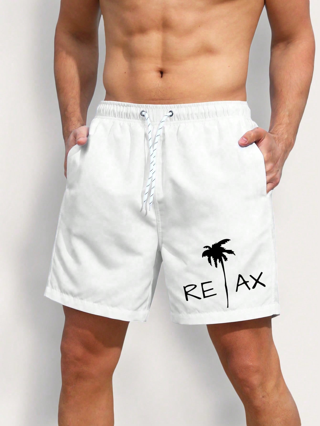 Men's Coconut Tree & Letter Drawstring Swim Shorts