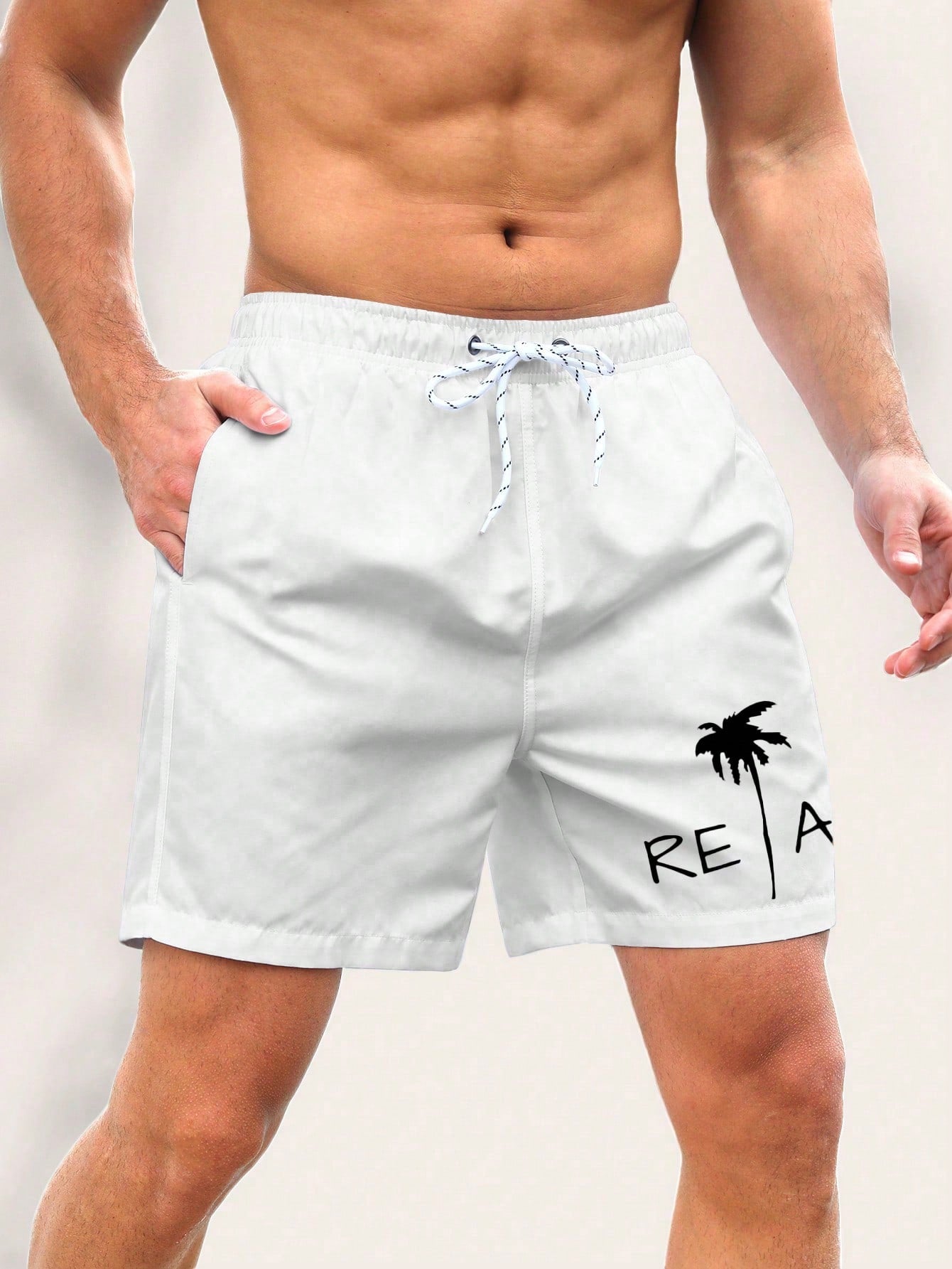 Men's Coconut Tree & Letter Drawstring Swim Shorts