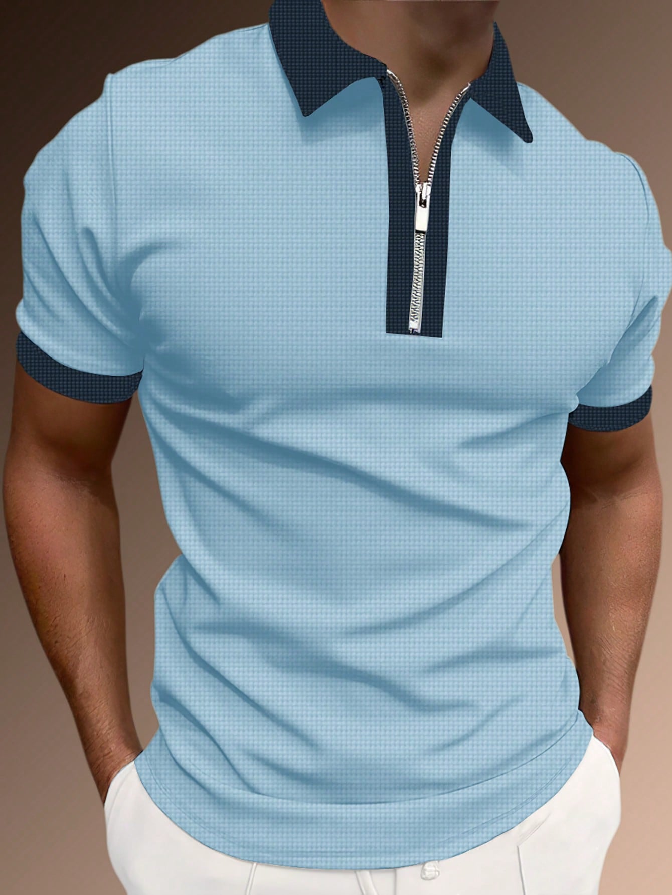 Men's Two Tone Zip Up Polo Shirt.