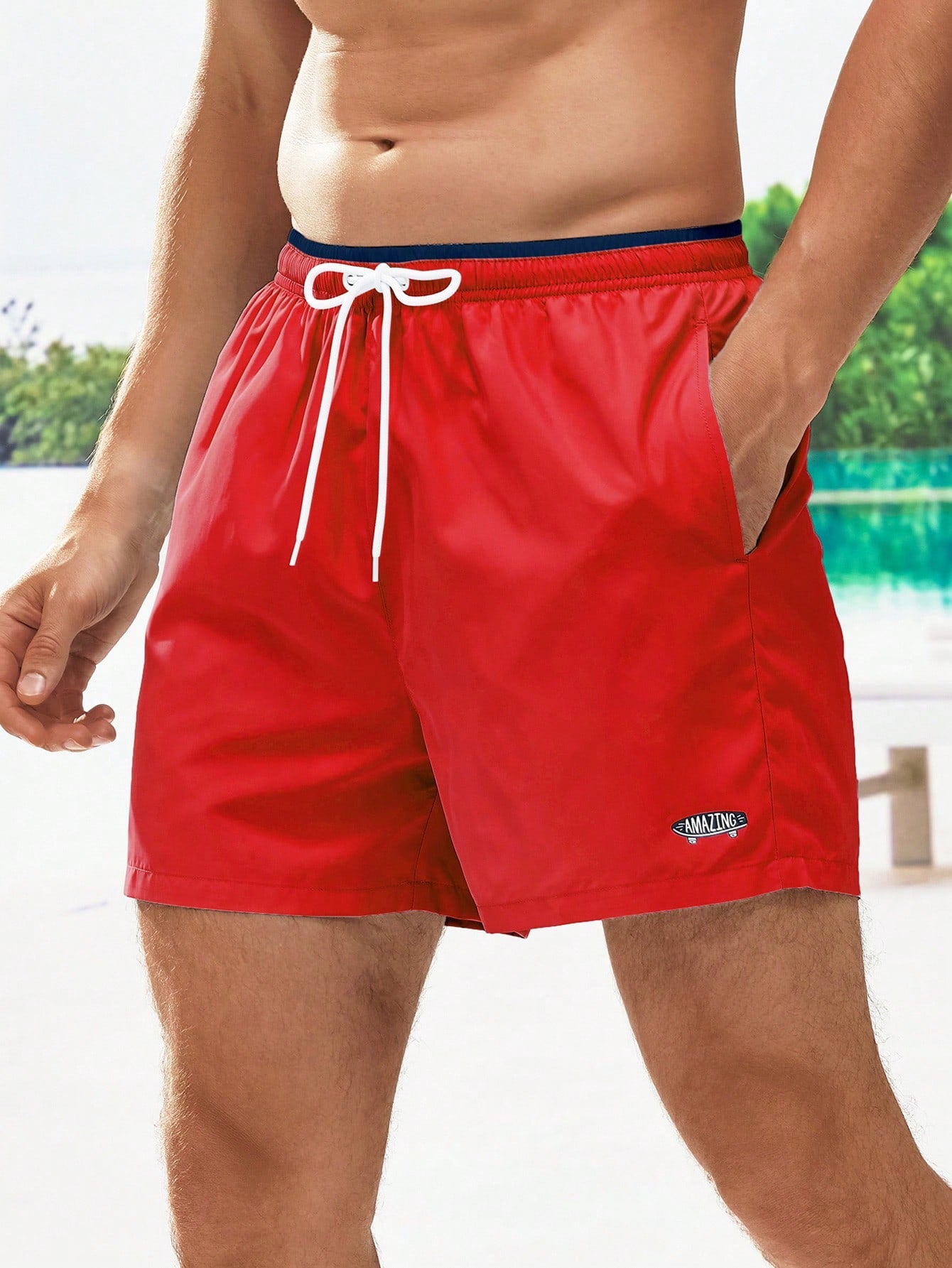 Men's Letter Drawstring Waist Swim Trunks