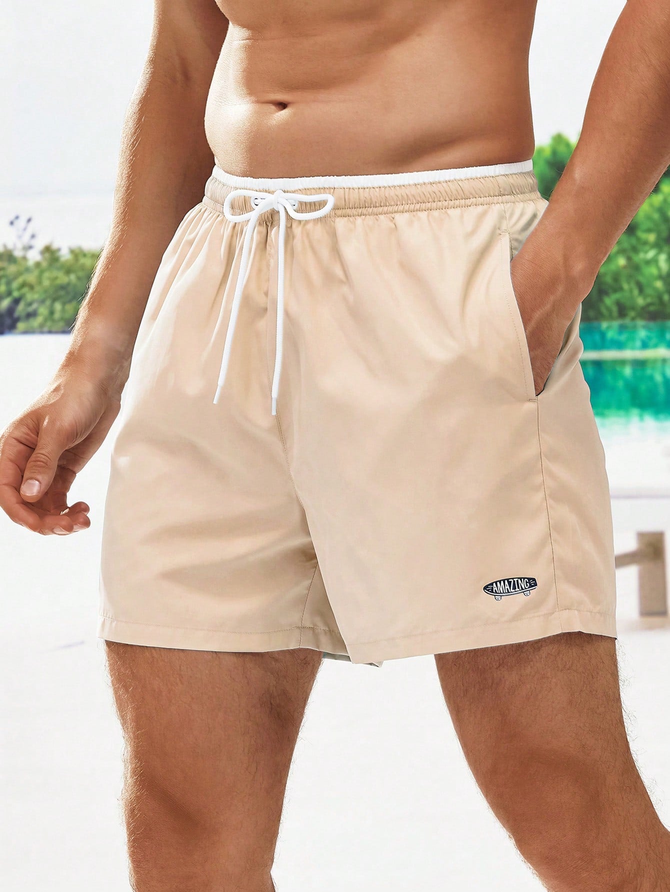 Men's Letter Drawstring Waist Swim Trunks