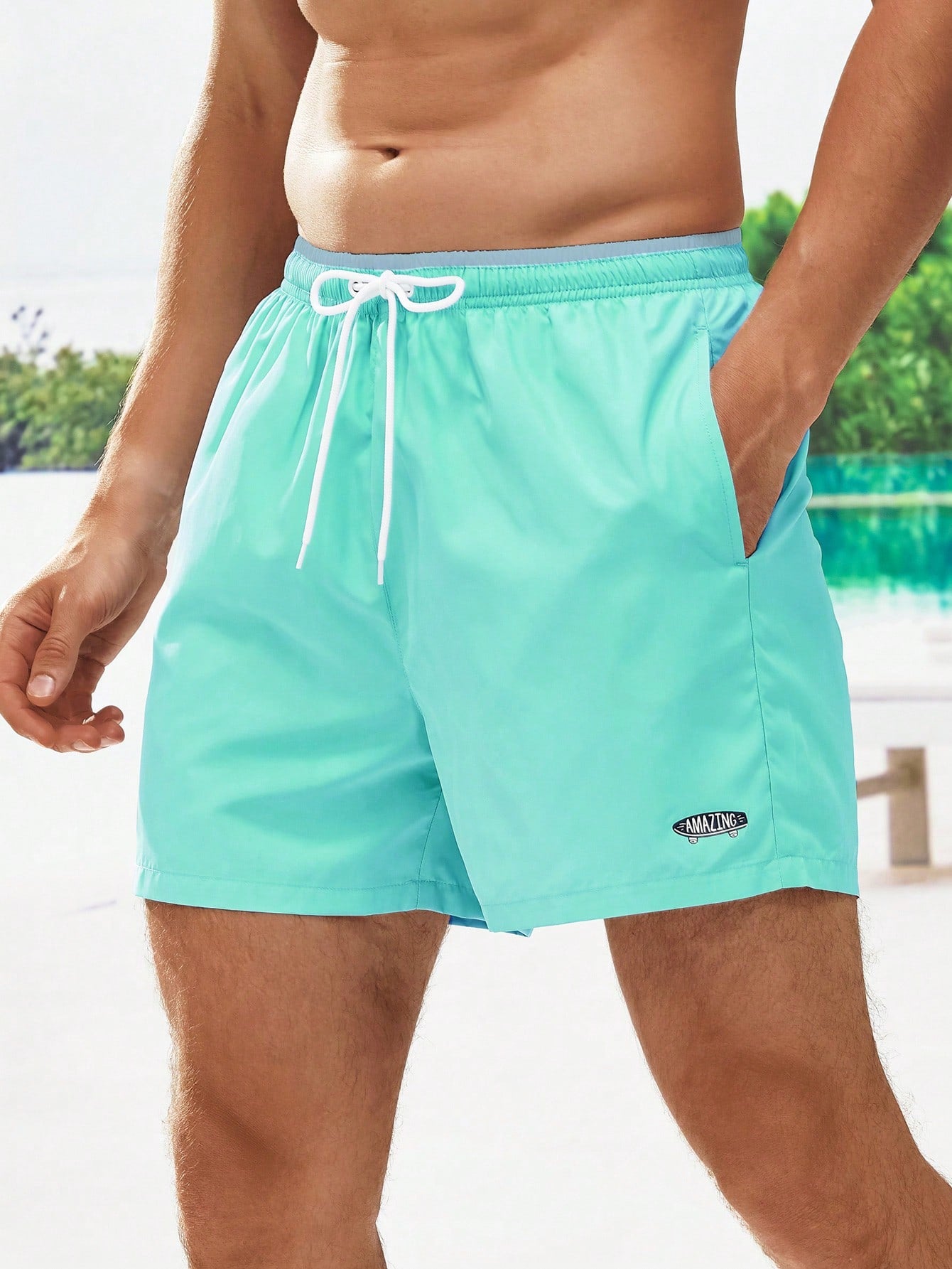Men's Letter Drawstring Waist Swim Trunks