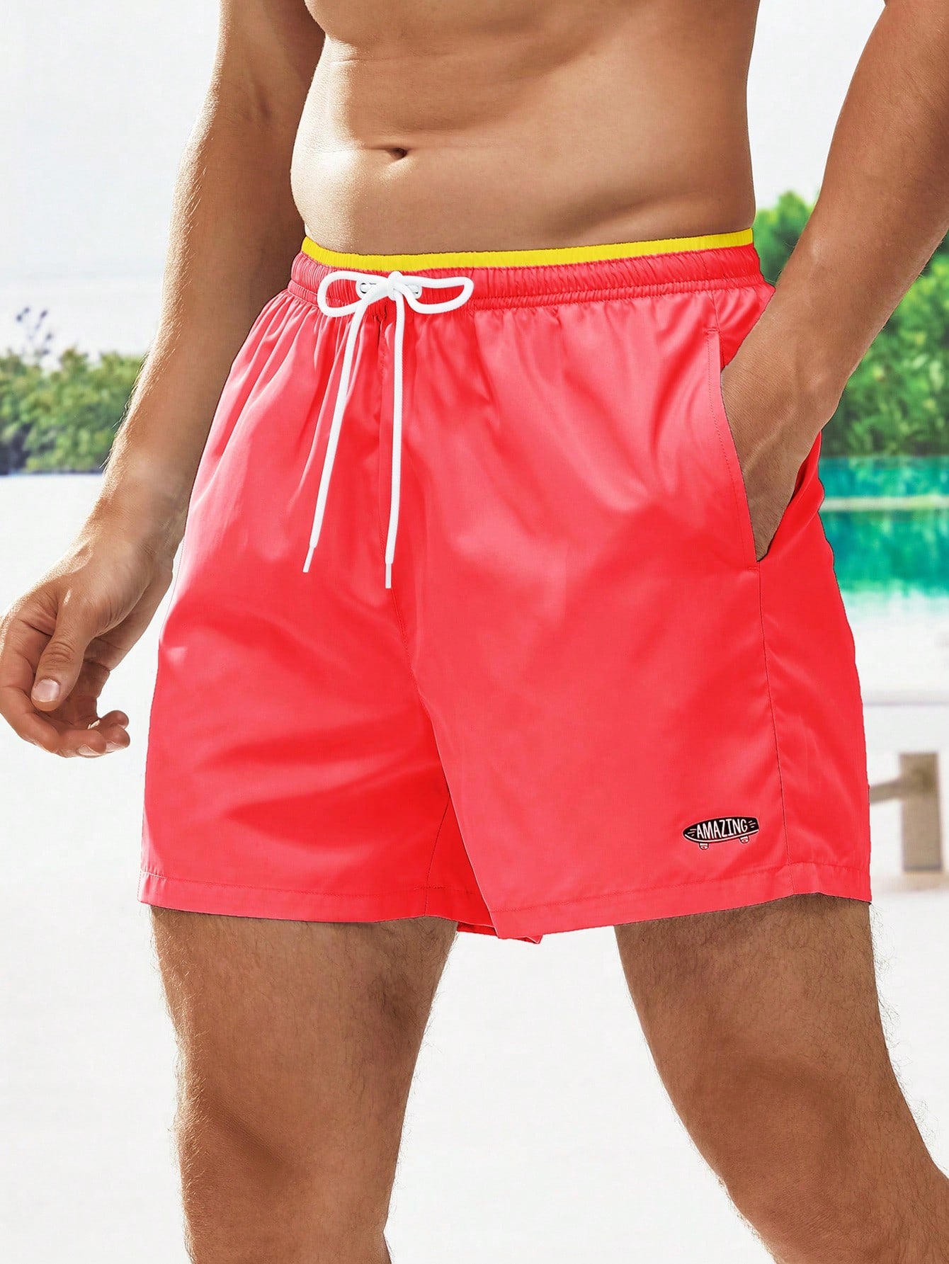 Men's Letter Drawstring Waist Swim Trunks