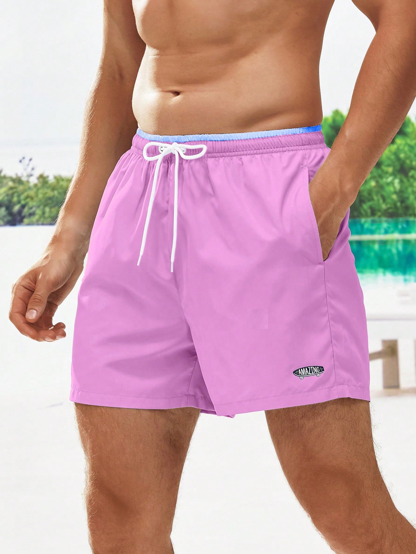 Men's Letter Drawstring Waist Swim Trunks
