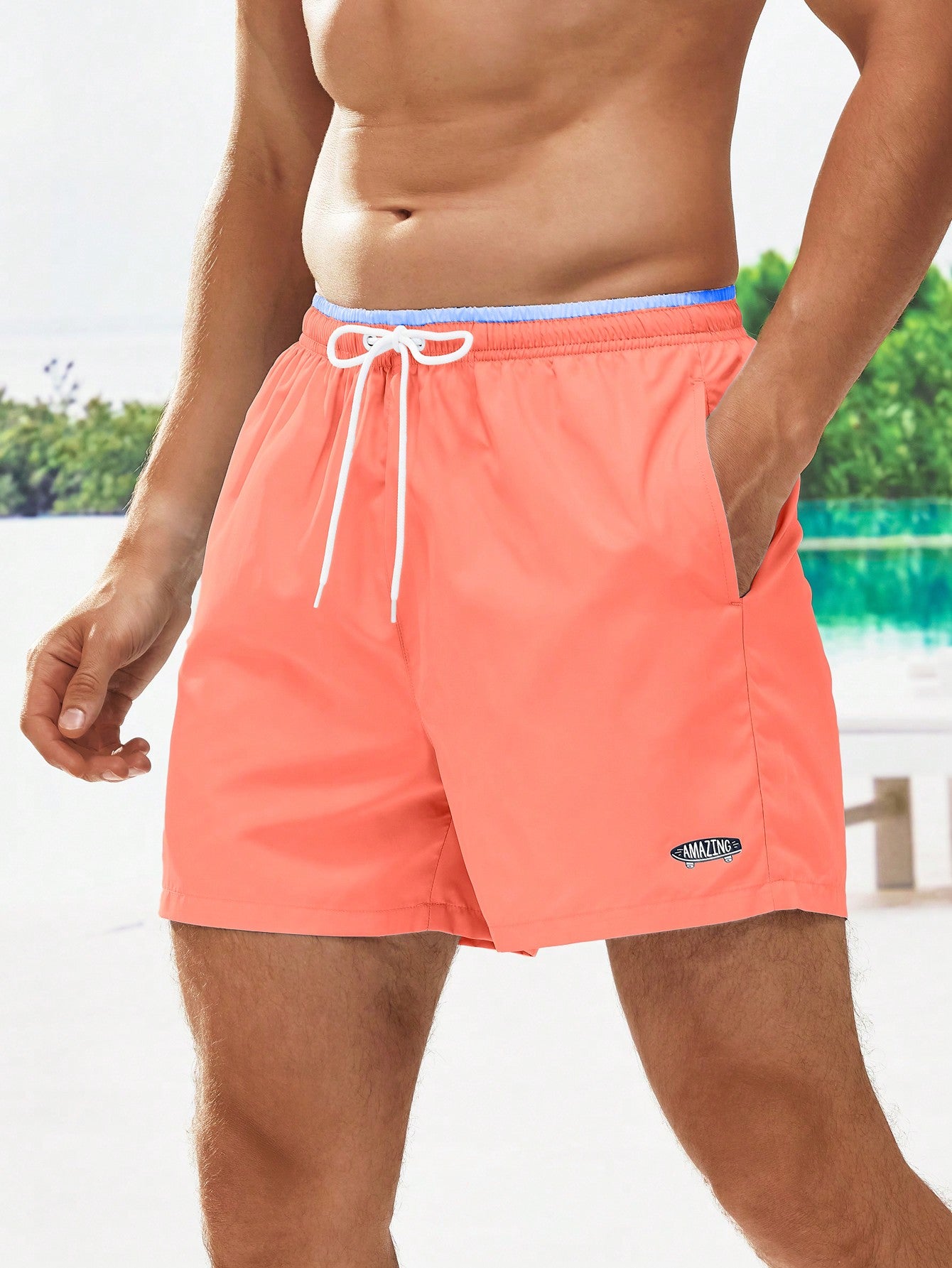 Men's Letter Drawstring Waist Swim Trunks