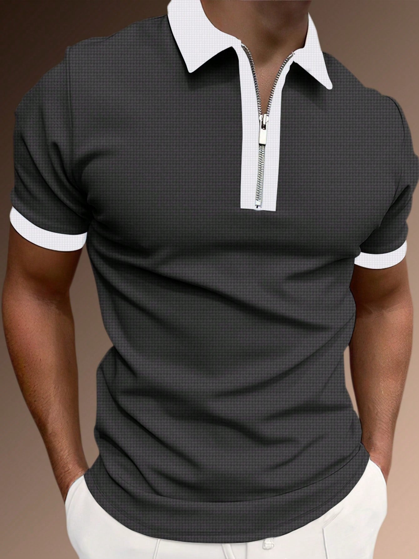 Men's Two Tone Zip Up Polo Shirt.