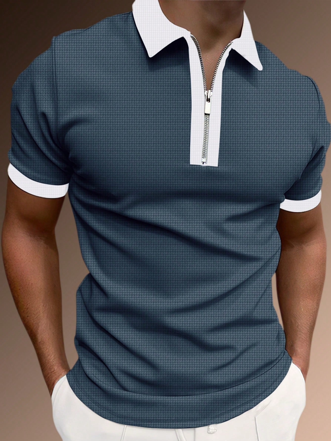 Men's Two Tone Zip Up Polo Shirt.