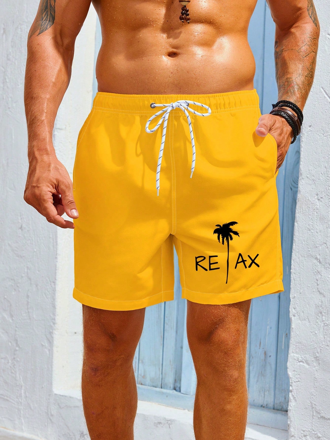 Men's Coconut Tree & Letter Drawstring Swim Shorts