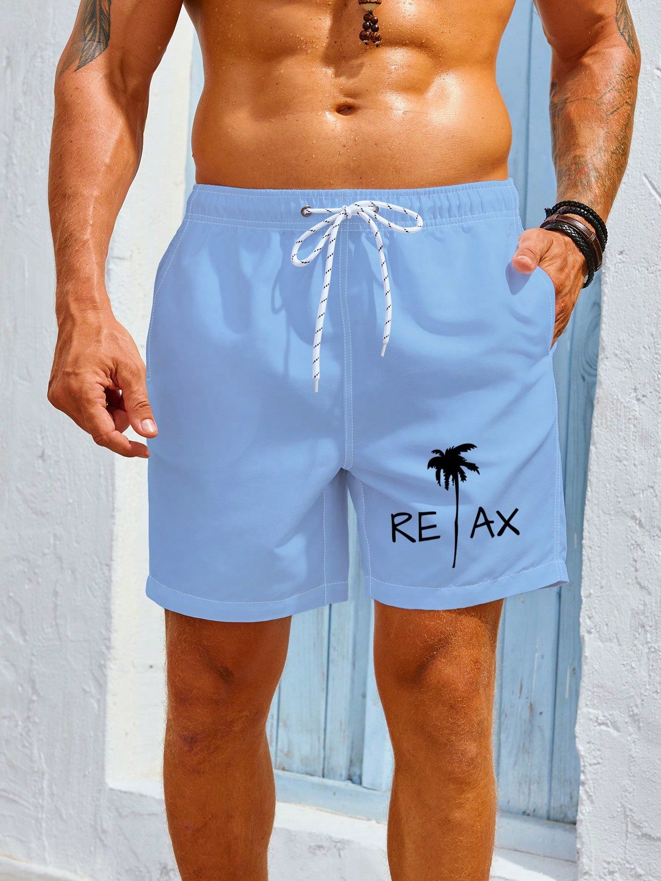 Men's Coconut Tree & Letter Drawstring Swim Shorts