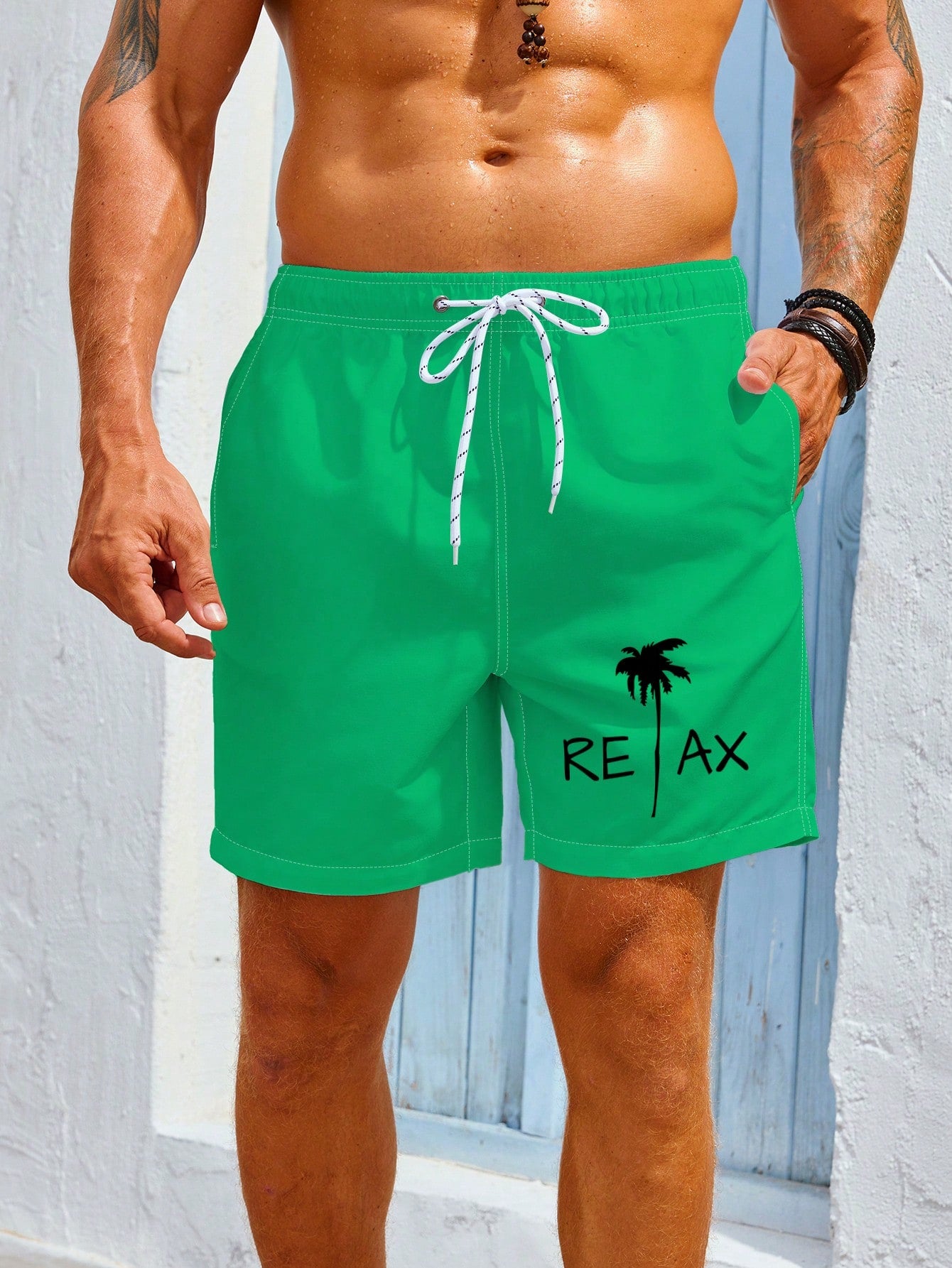 Men's Coconut Tree & Letter Drawstring Swim Shorts