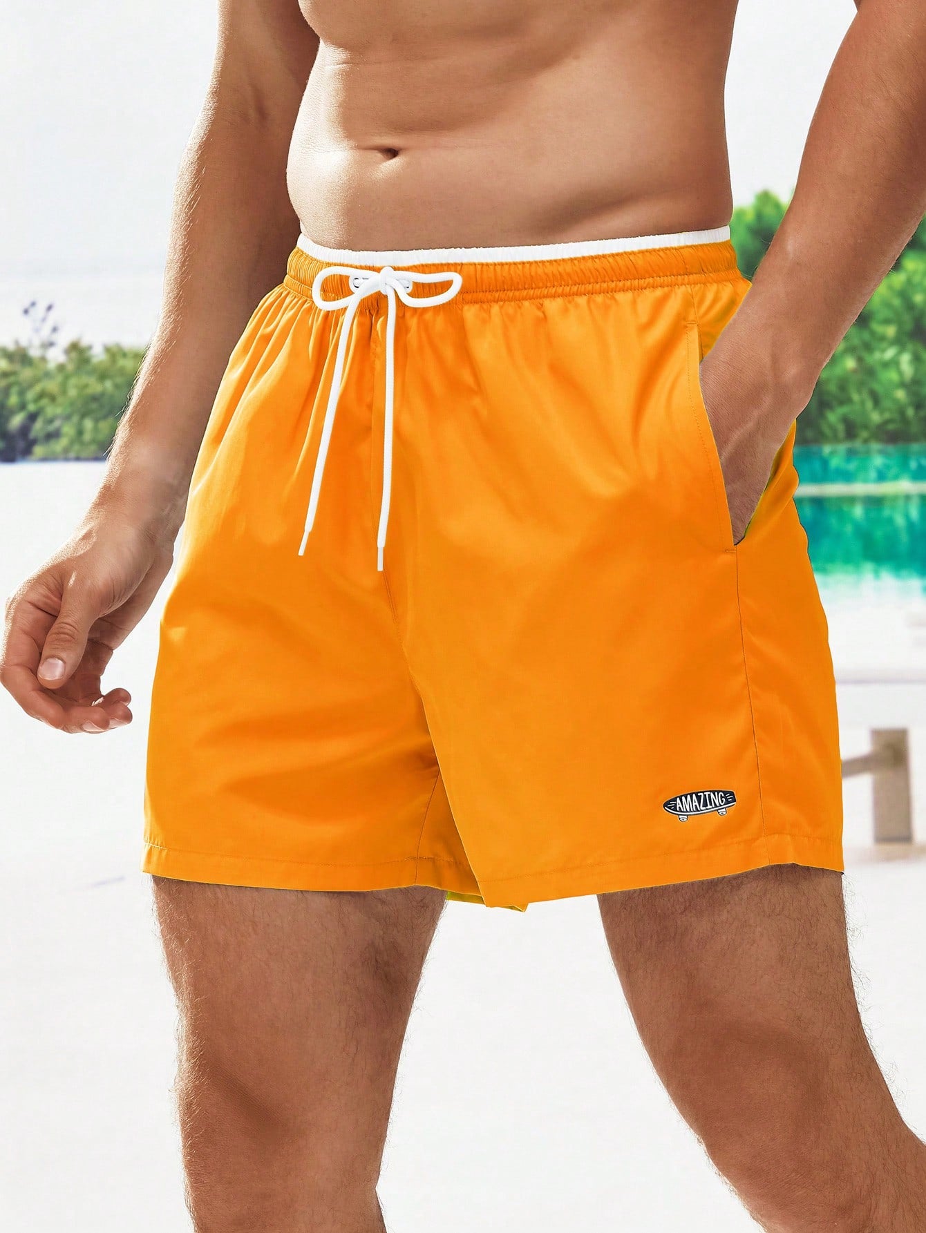 Men's Letter Drawstring Waist Swim Trunks