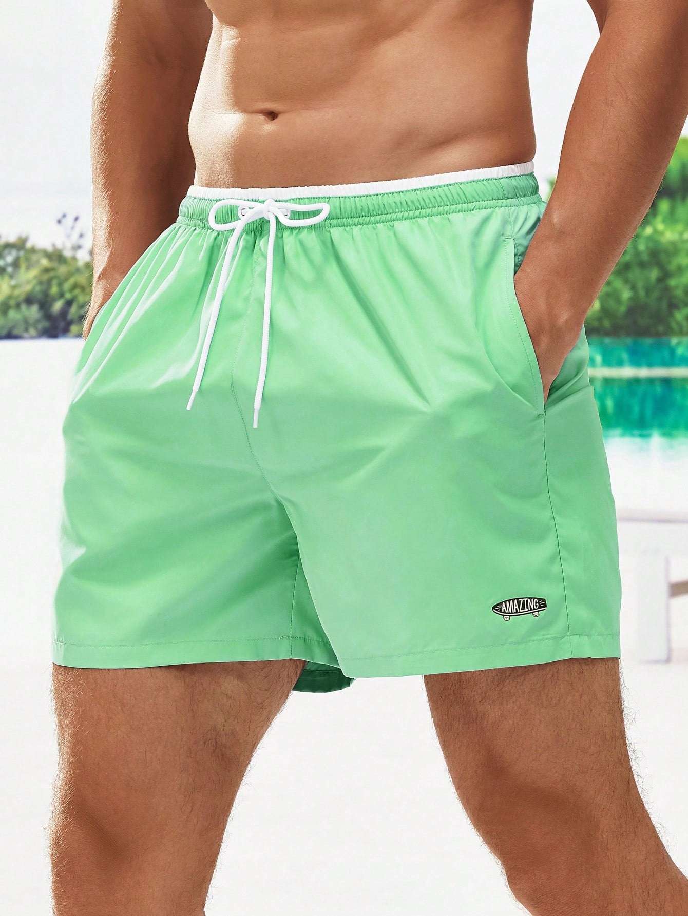 Men's Letter Drawstring Waist Swim Trunks