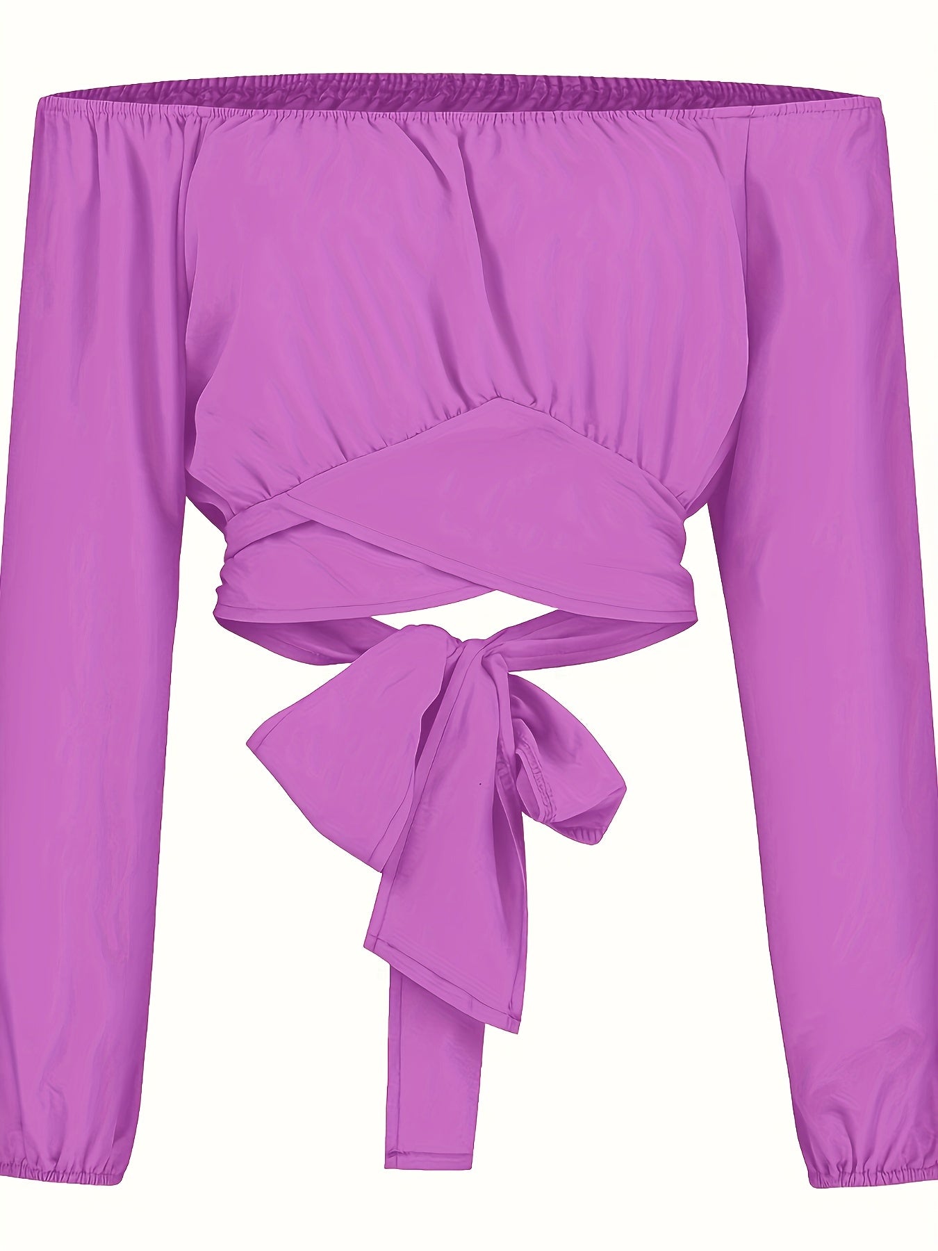 Solid Cross Tie Back Crop Blouse: Casual Off Shoulder Long Sleeve