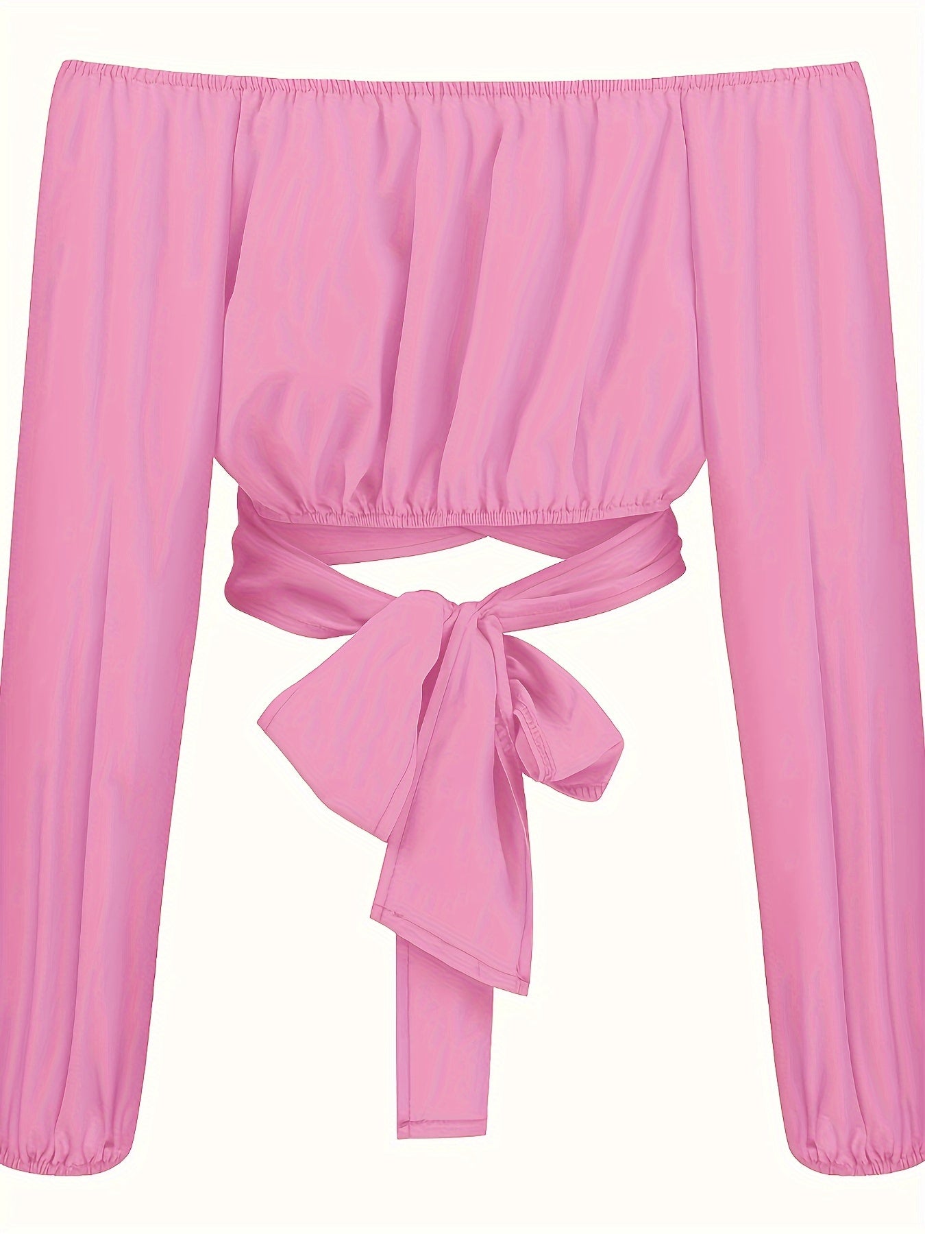 Solid Cross Tie Back Crop Blouse: Casual Off Shoulder Long Sleeve