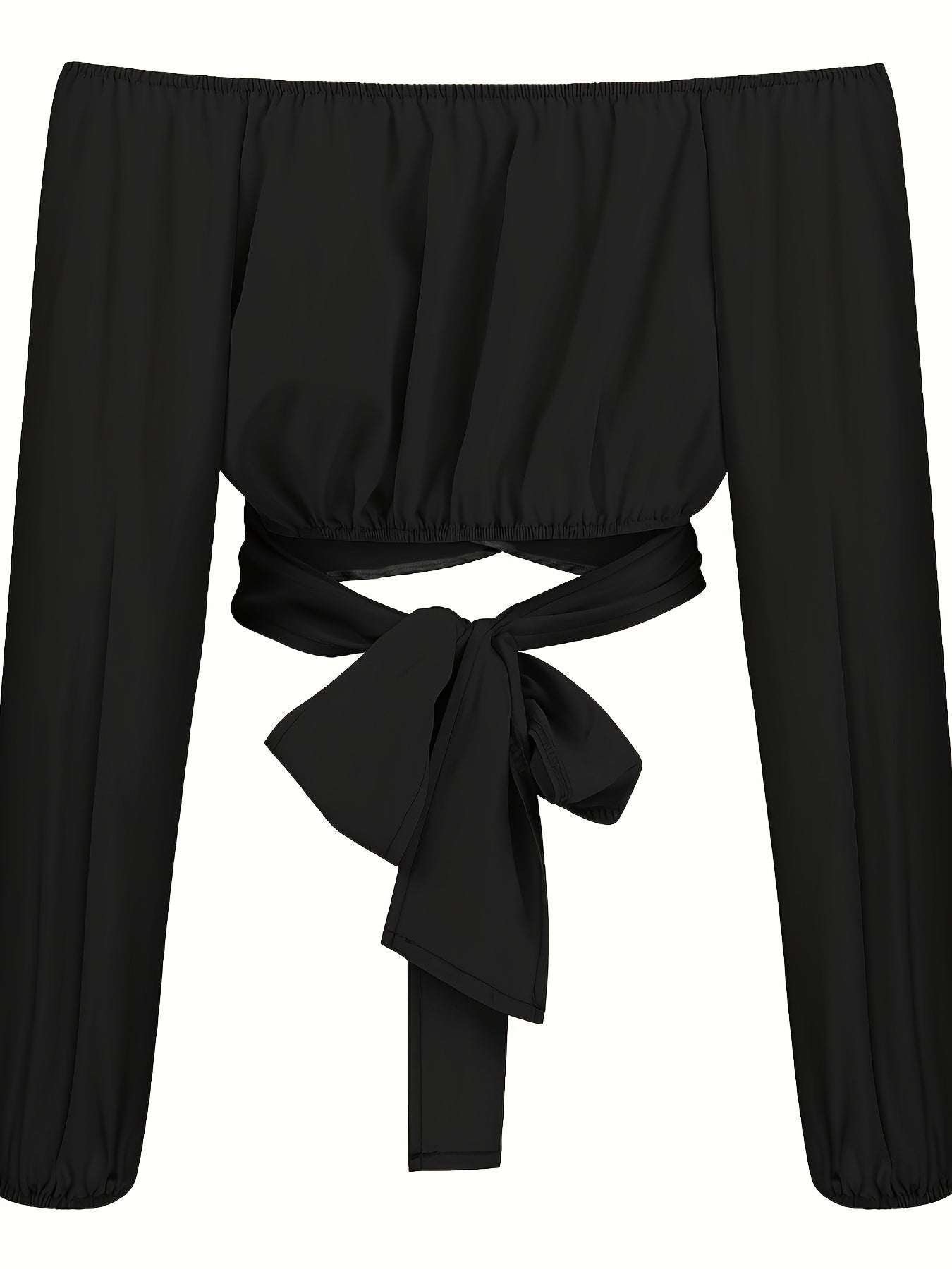 Solid Cross Tie Back Crop Blouse: Casual Off Shoulder Long Sleeve