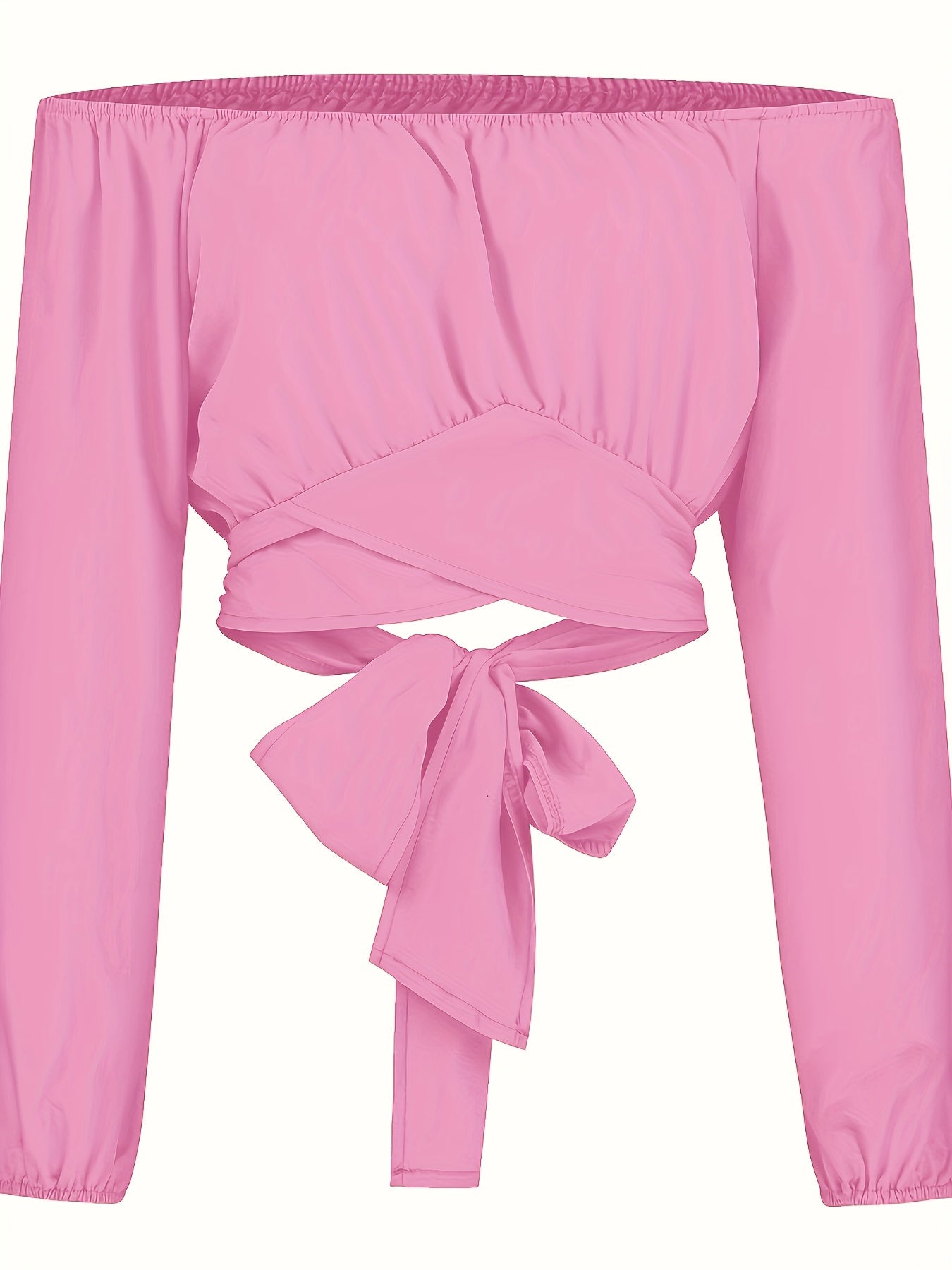 Solid Cross Tie Back Crop Blouse: Casual Off Shoulder Long Sleeve