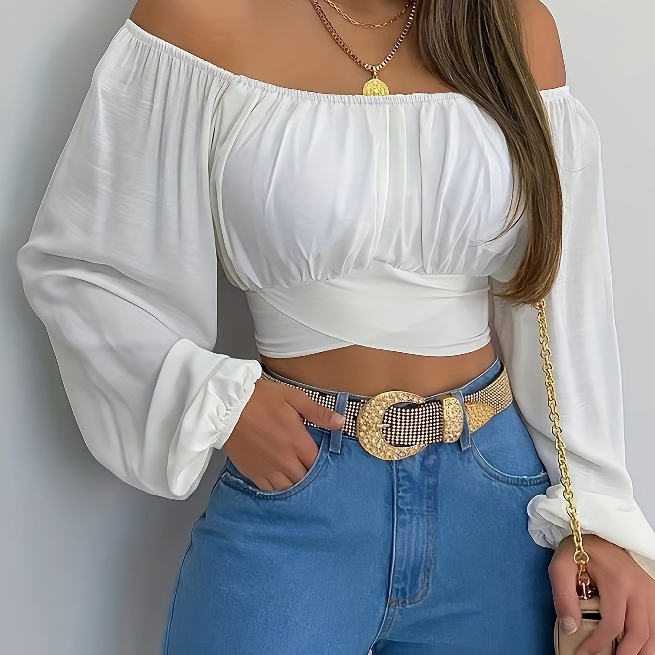 Solid Cross Tie Back Crop Blouse: Casual Off Shoulder Long Sleeve
